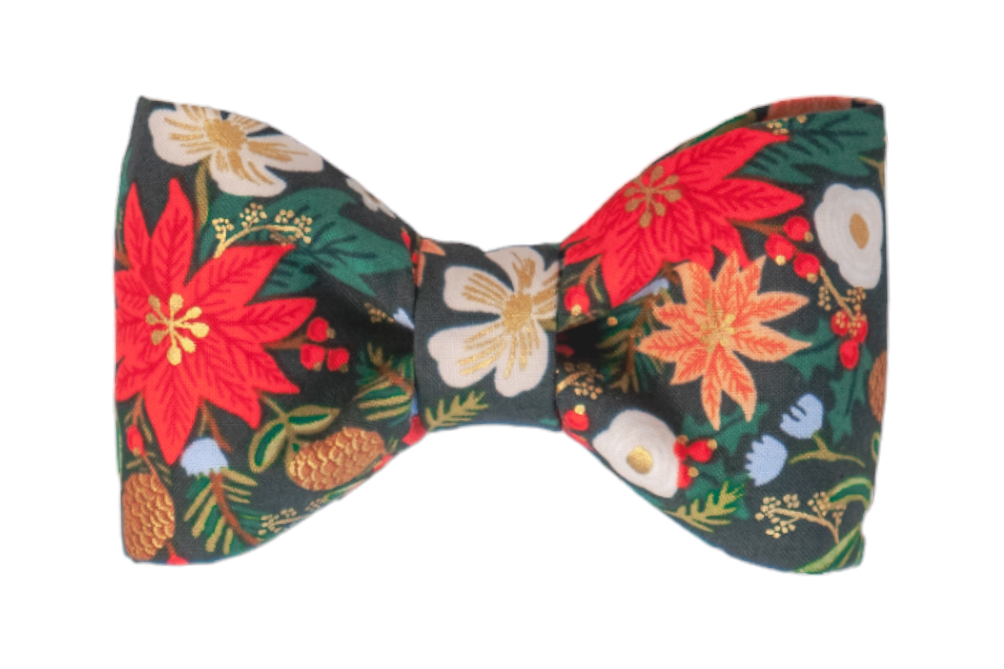 Festive dog bow tie showcasing a bold holiday pattern with poinsettias, creamy flowers, pinecones, holly leaves, berries, and metallic detailing. The dark background enhances the bright floral elements, giving the bow a warm, elegant holiday style.
