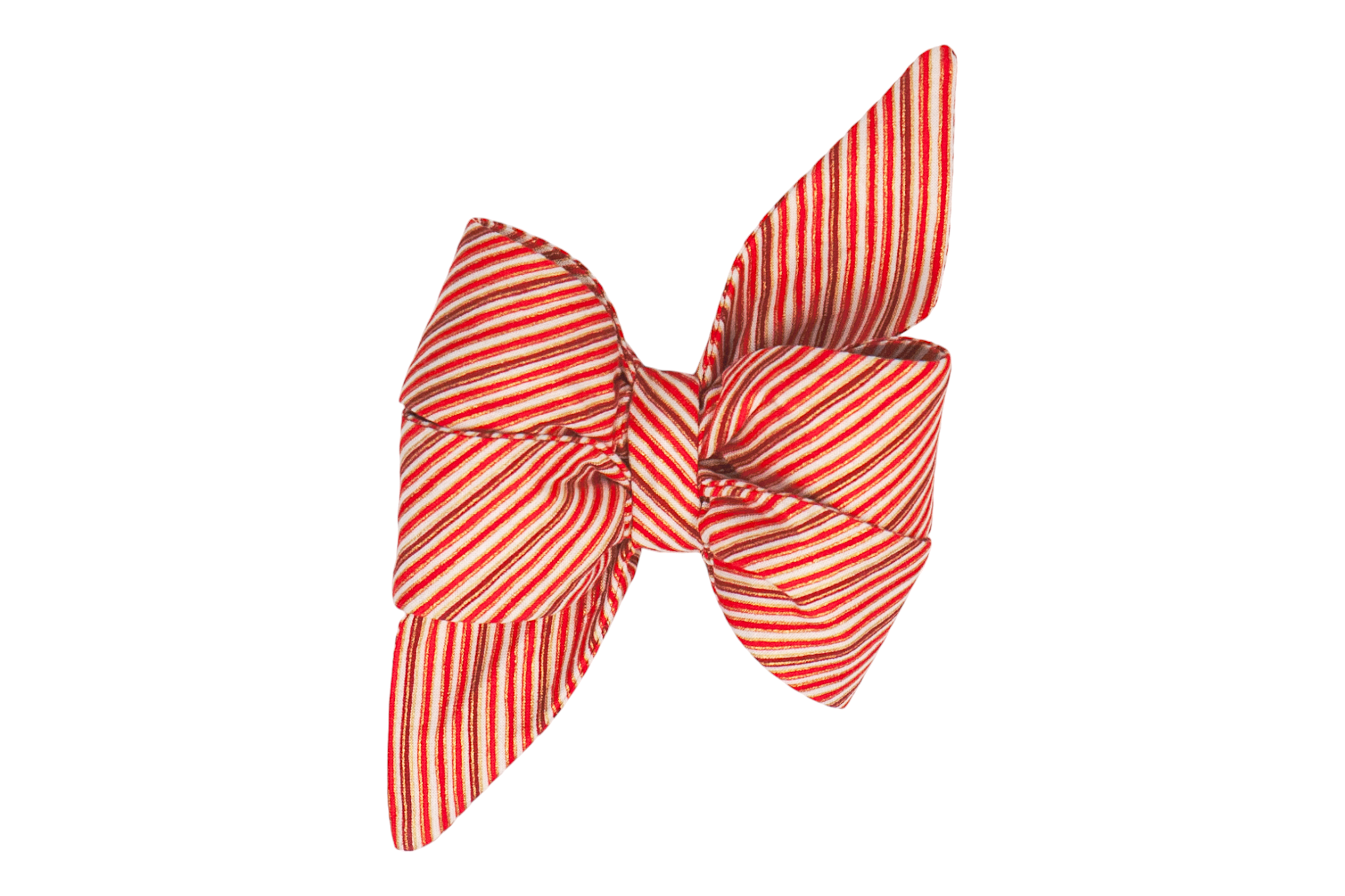 Christmas dog bow in a large, decorative style with exaggerated loops and long trailing points. The feminine belle bow is made from striped fabric in red, giving it a candy cane–inspired festive flair.