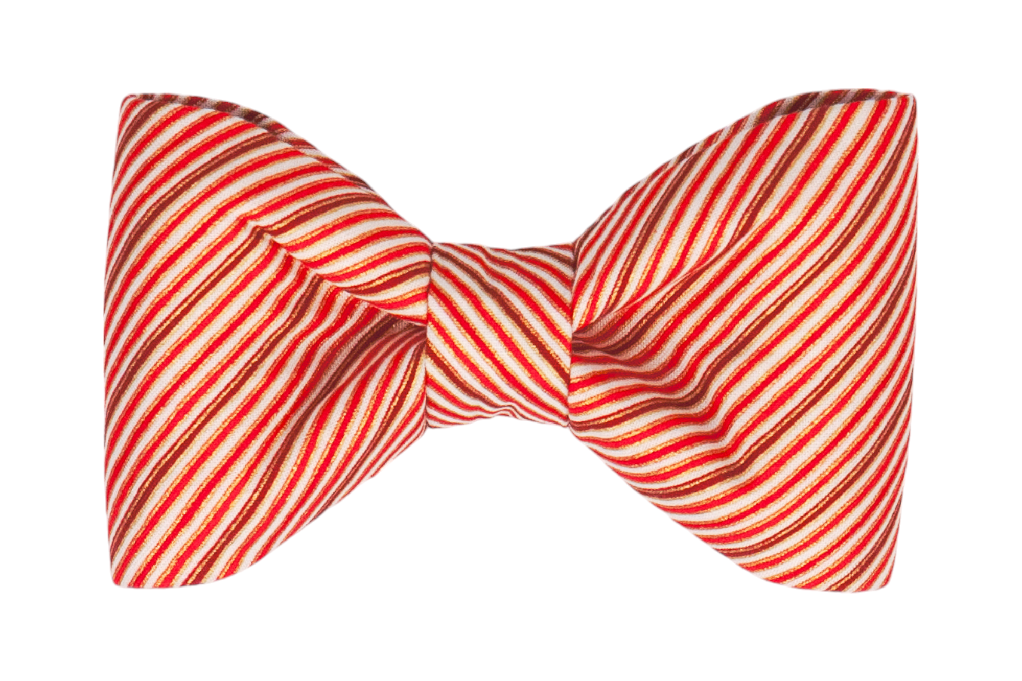 Holiday-themed bow tie for dogs, featuring a bold red diagonal stripe pattern, think candy canes. The bow tie has a classic rounded shape with a central knot, making it a cheerful and seasonal accessory.