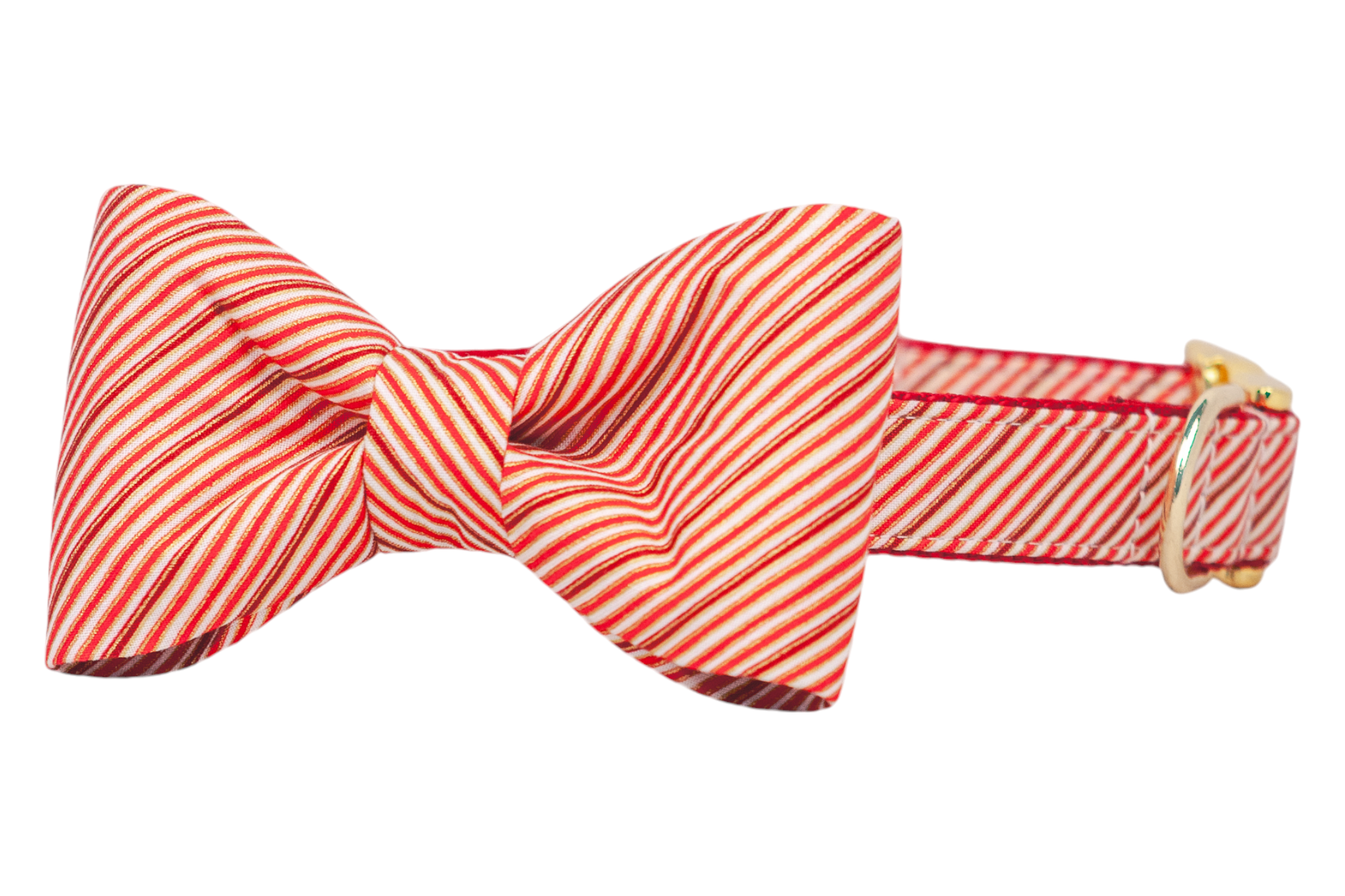 Classic holiday bow tie collar for dogs, designed with red diagonal stripes. The bow tie sits centered on the adjustable collar, blending playful charm with festive sophistication.