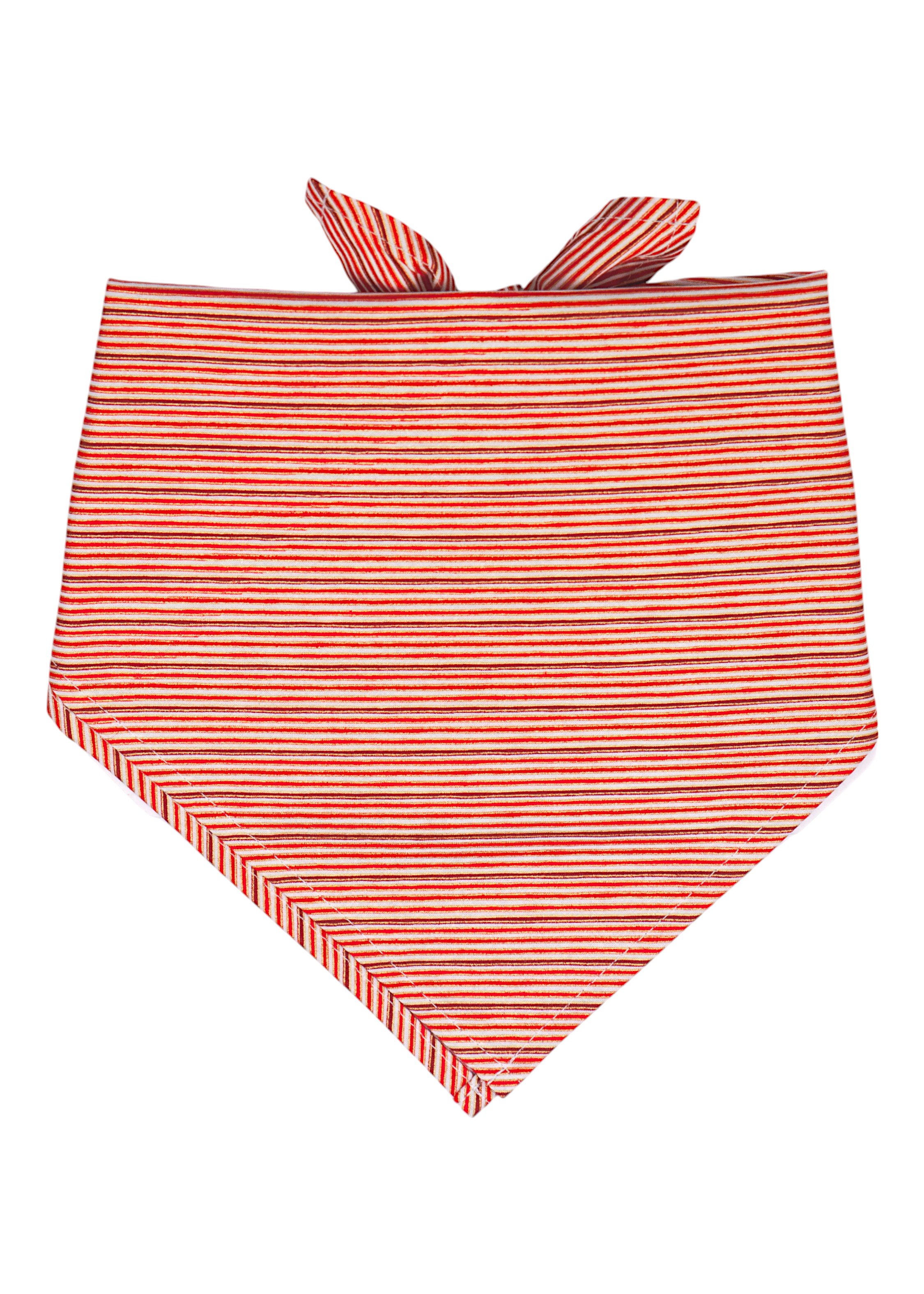 A festive dog bandana in a classic triangular fold, made from fabric with thin diagonal red stripes. The bandana ties at the top with two small ends and features neatly stitched edges, creating a cheerful holiday accessory.
