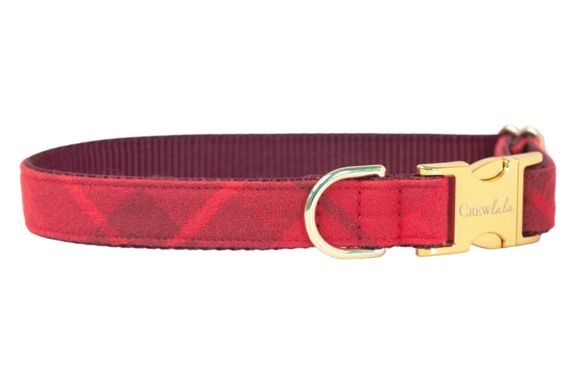 Classic red dog collar featuring a subtle plaid pattern, luxe hardware, and reinforced stitching for a secure, stylish fit.
