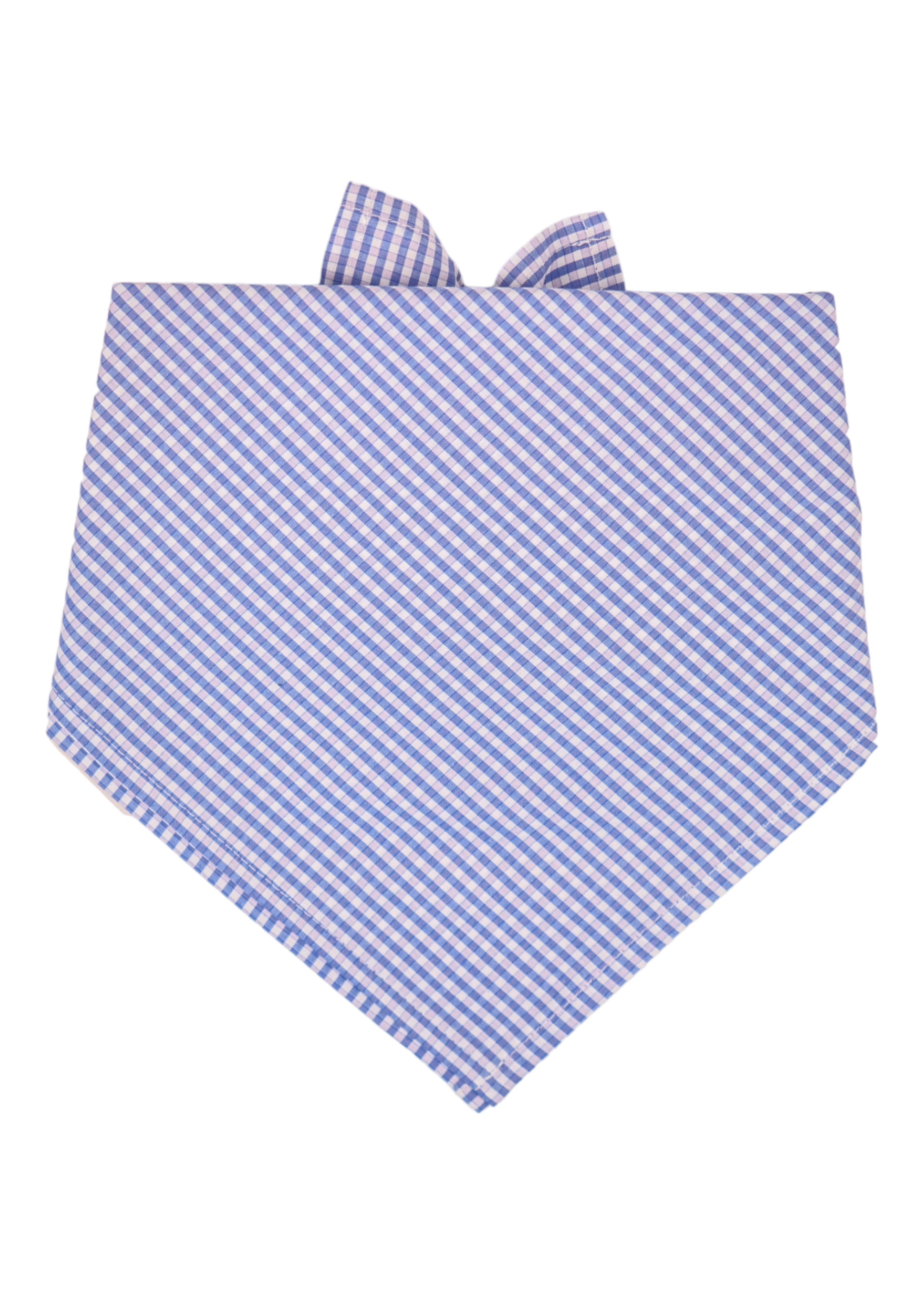 A dog bandana with a classic light blue, light pink, and white gingham check pattern, folded into a triangle shape with the knot and ends visible at the top. The fabric is arranged so the checks appear diagonal across the front.