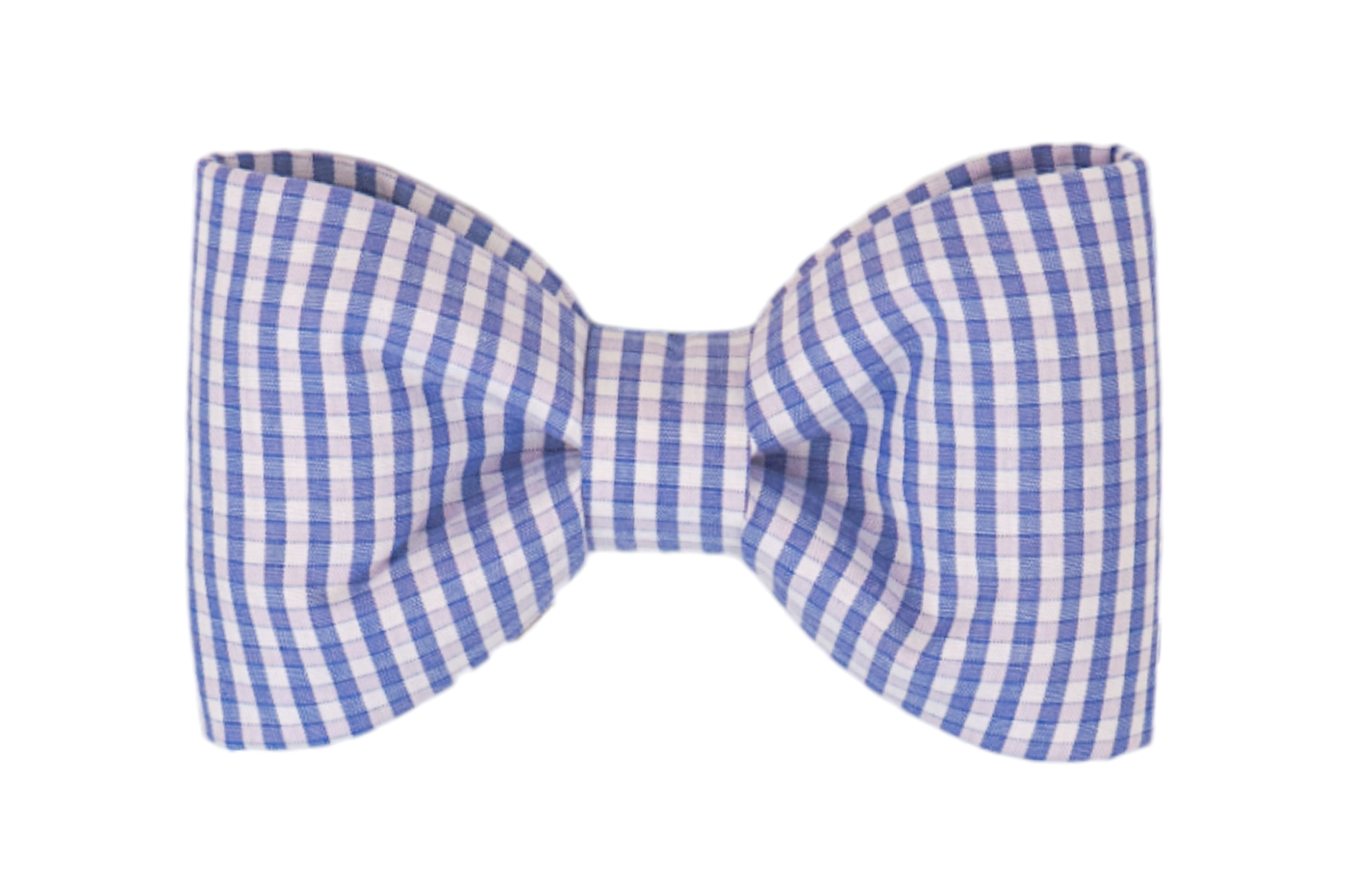 A symmetrical dog bow tie made of gingham fabric with a light blue, light pink, and white gingham check pattern. The bow tie has crisp edges and a slightly puffed shape, giving it a structured and polished appearance.