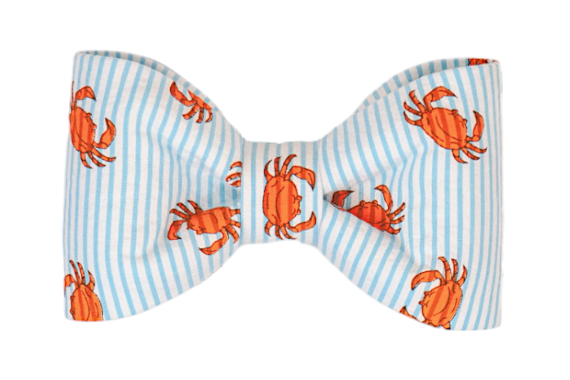 Dog bow tie with a fun coastal theme, featuring bright orange crabs printed over pale blue and white vertical stripes. The bow tie is neatly cinched in the center and has a symmetrical, classic shape, designed to attach to a dog collar.