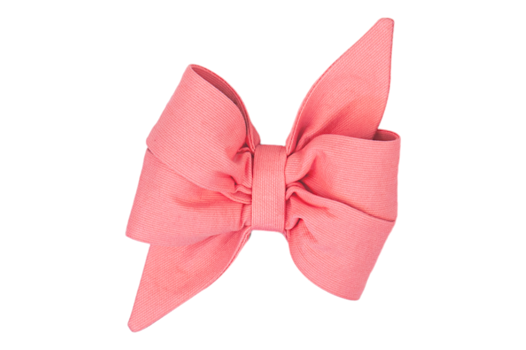A large coral fabric belle bow with exaggerated loops and pointed tails, gathered tightly at the center. The ribbed texture adds dimension, making it a bold accessory for your dog!