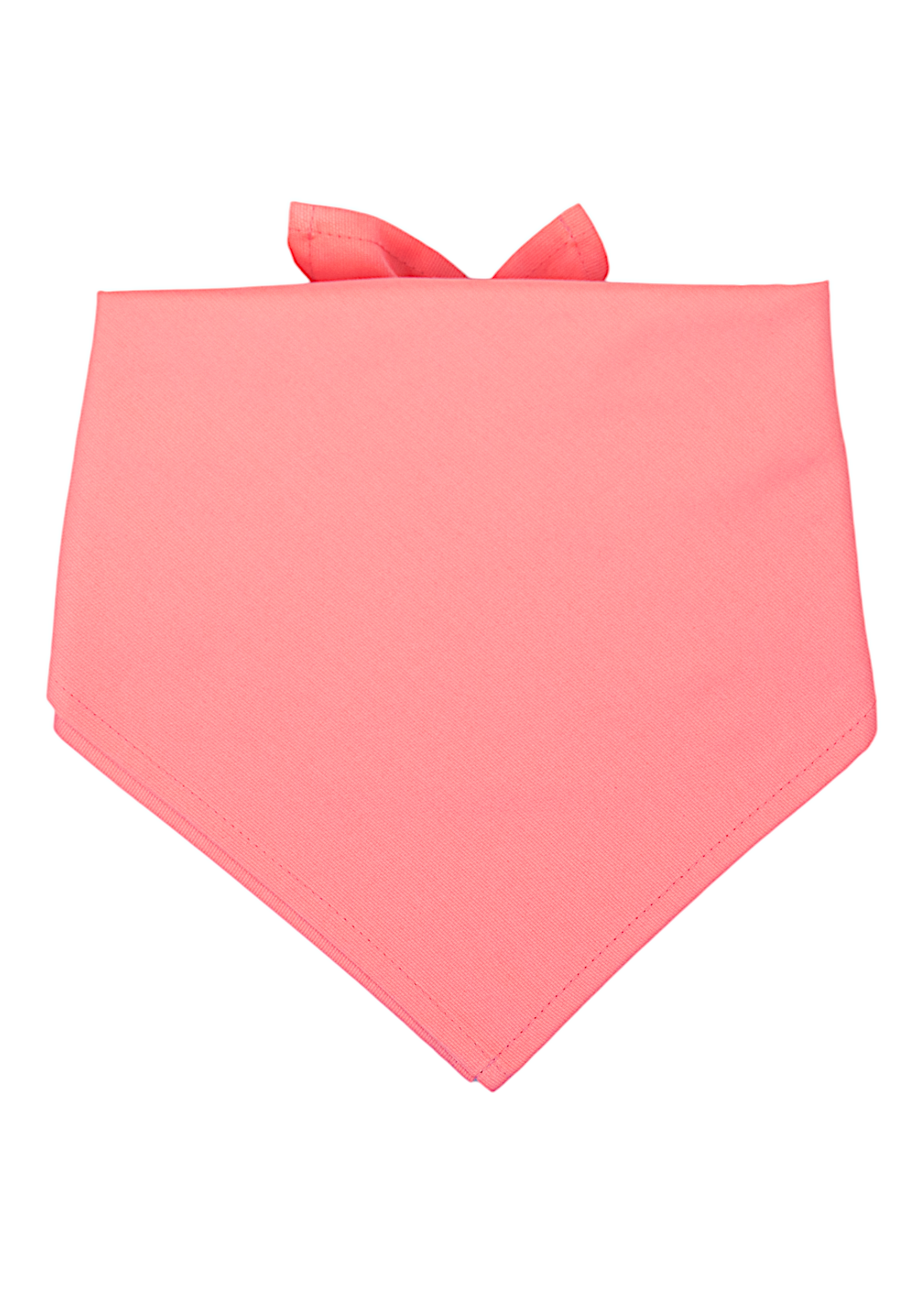 A vibrant coral dog bandana with clean, folded edges and subtle topstitching. The bandana is tied at the top corners, creating soft peaks, and designed to drape around a pet’s neck for a cheerful, summery look.