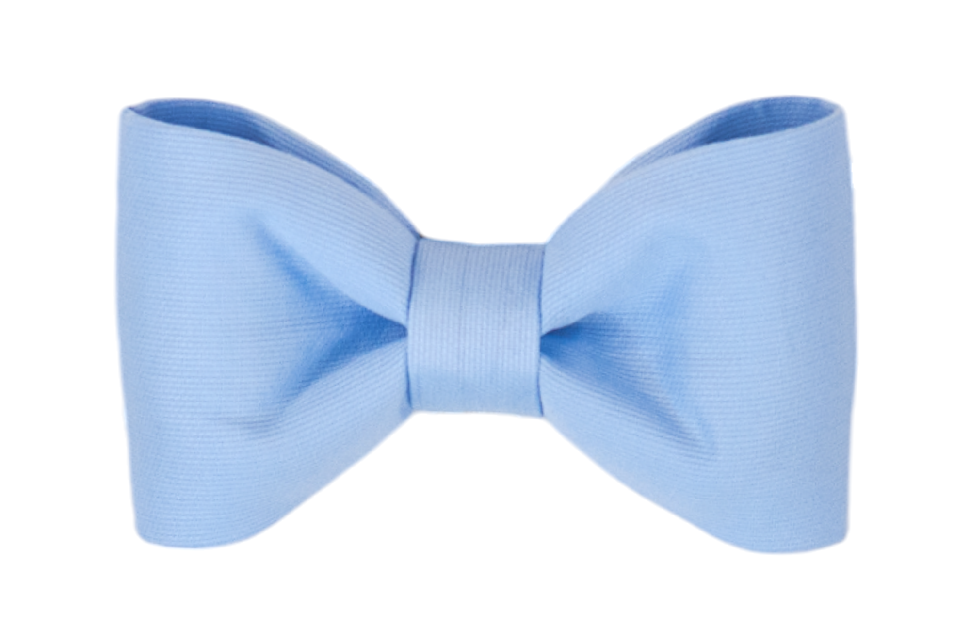 Classic light blue bow tie with a smooth, slightly textured finish and neatly curved loops, designed for attaching to a dog collar.