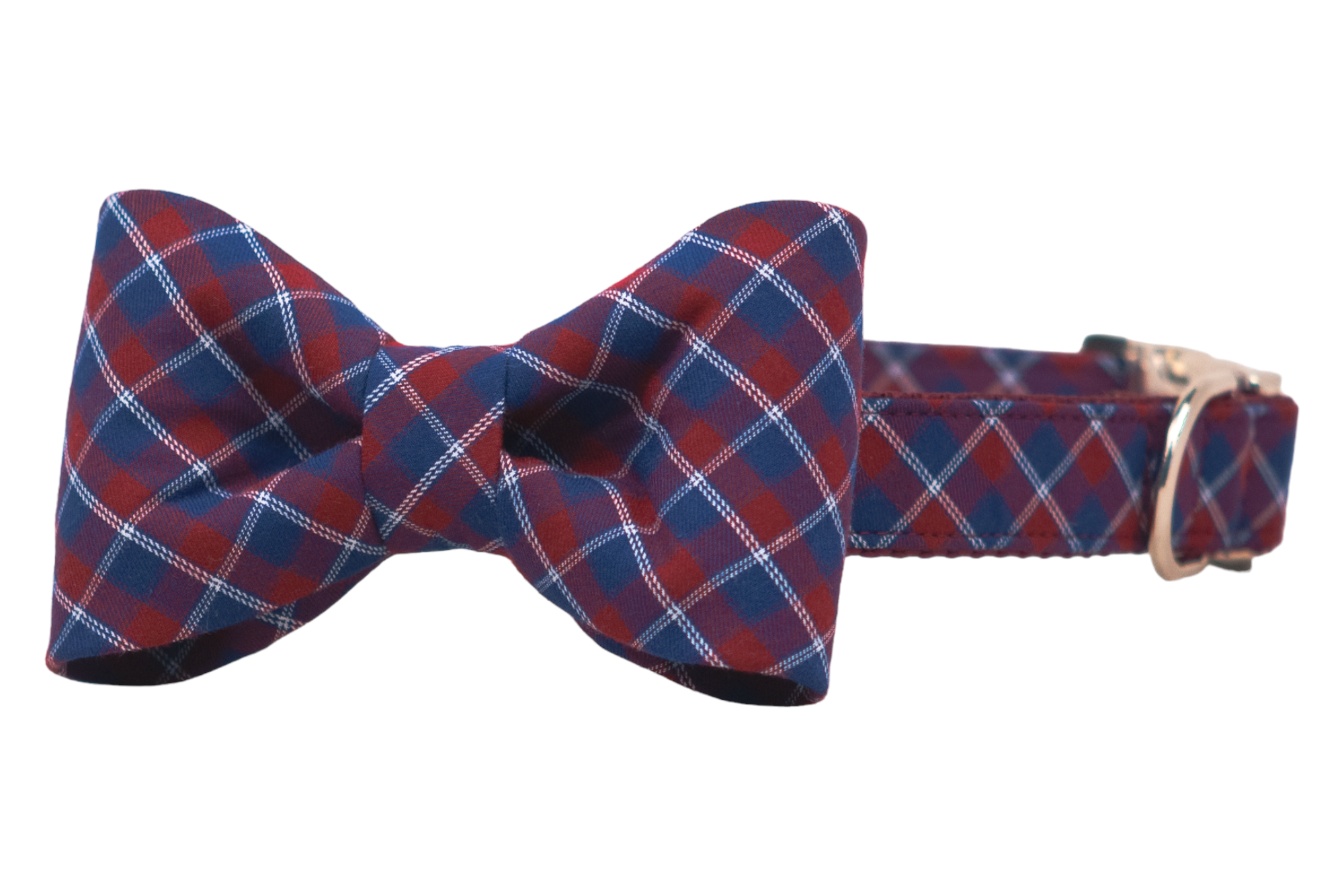 Classic dog bow tie dog collar in burgundy red and navy blue plaid, attached to a matching collar with a metal D-ring and buckle.