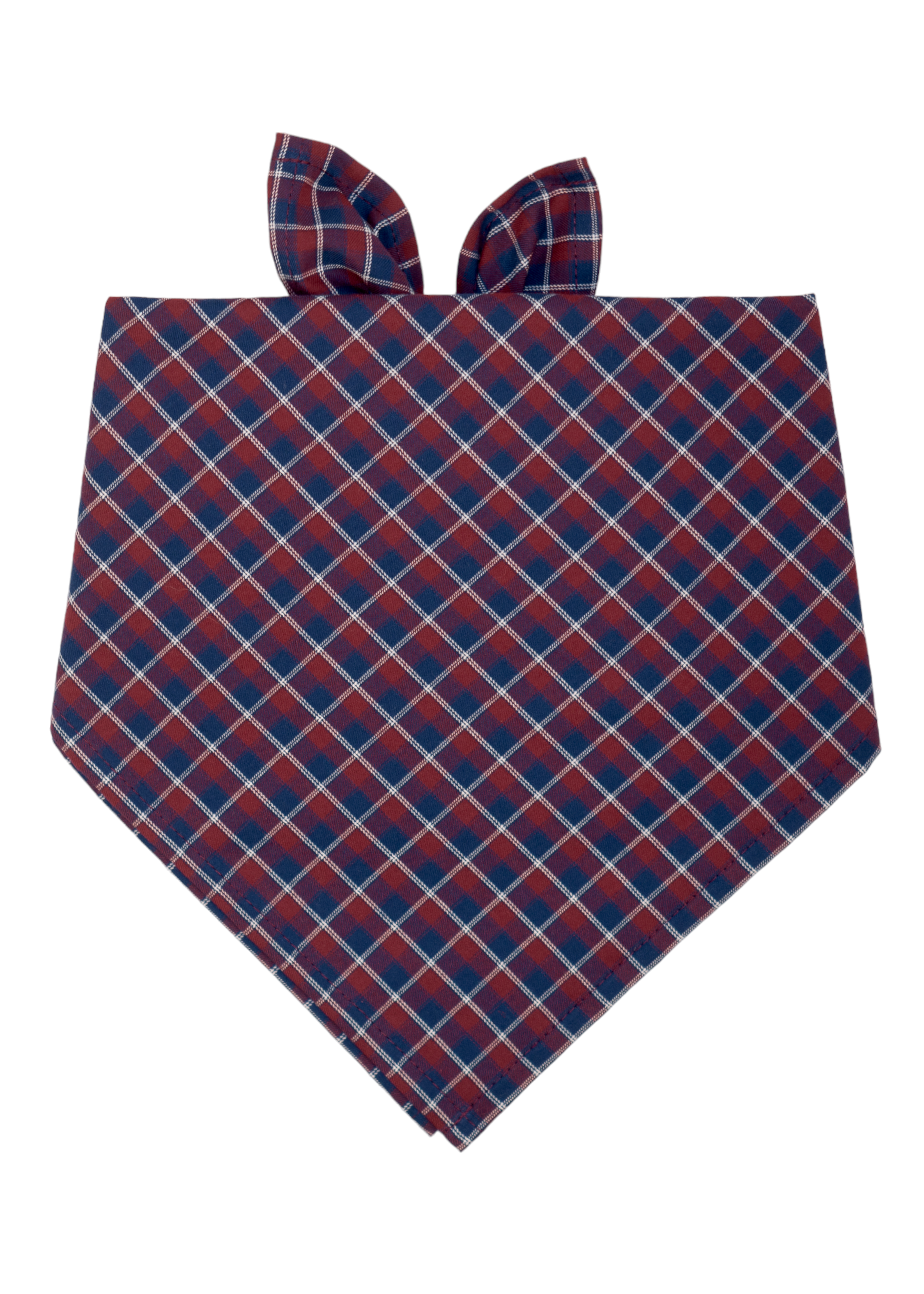 Dog bandana with a burgundy red and navy blue argyle plaid design, tied at the top for slipping over your pups head.