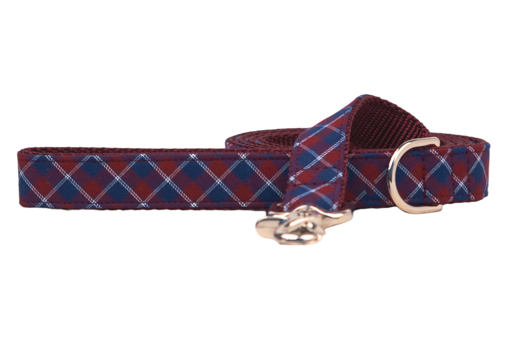 Stylish dog leash in a burgundy red and blue argyle plaid pattern with metallic hardware and a burgundy inner webbing for contrast and strength.