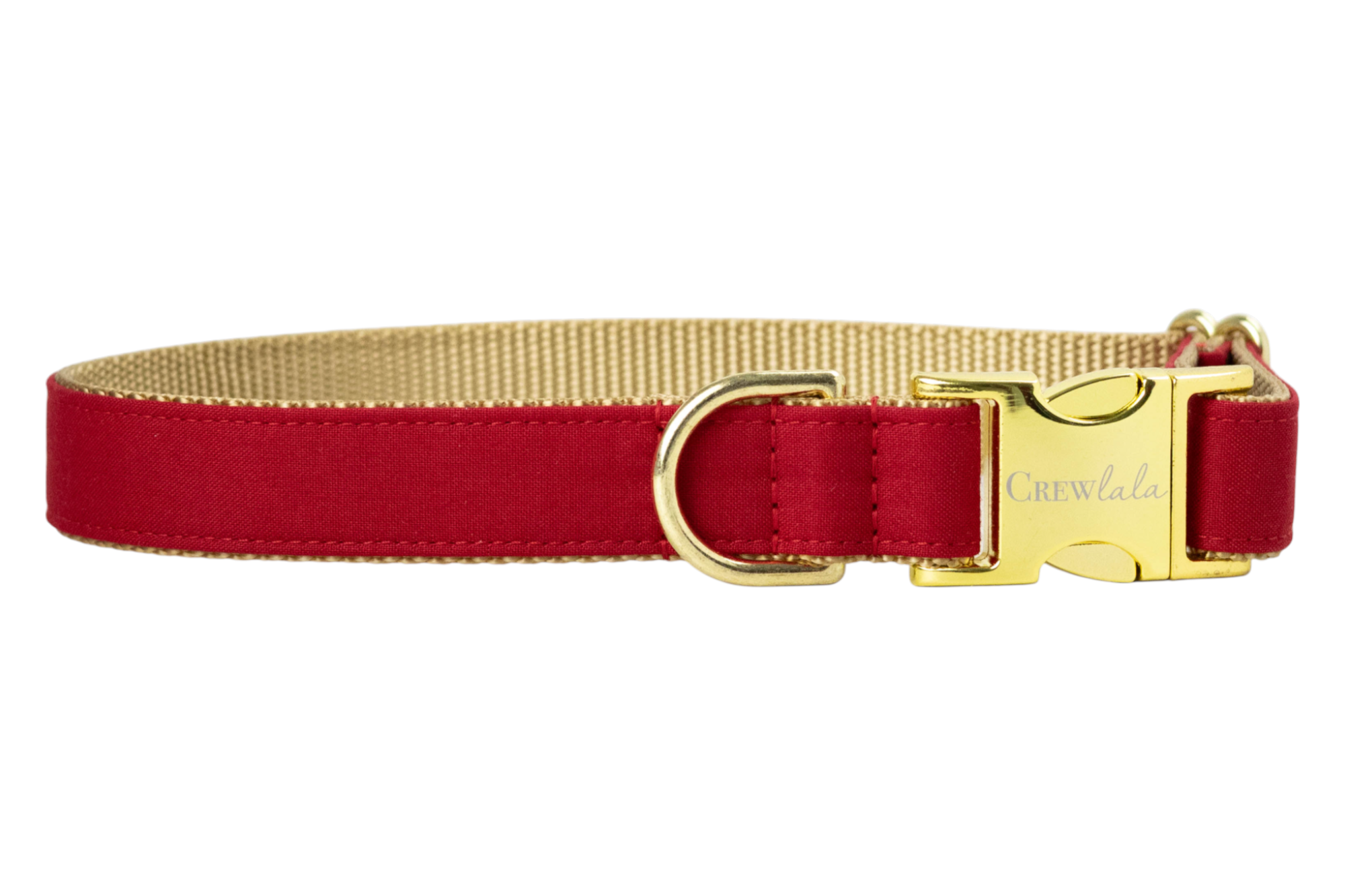 Elegant dog collar featuring a bold red fabric exterior and nylon webbing interior, finished with polished hardware including a buckle engraved with “Crewlala” and a matching D-ring for leash attachment.
