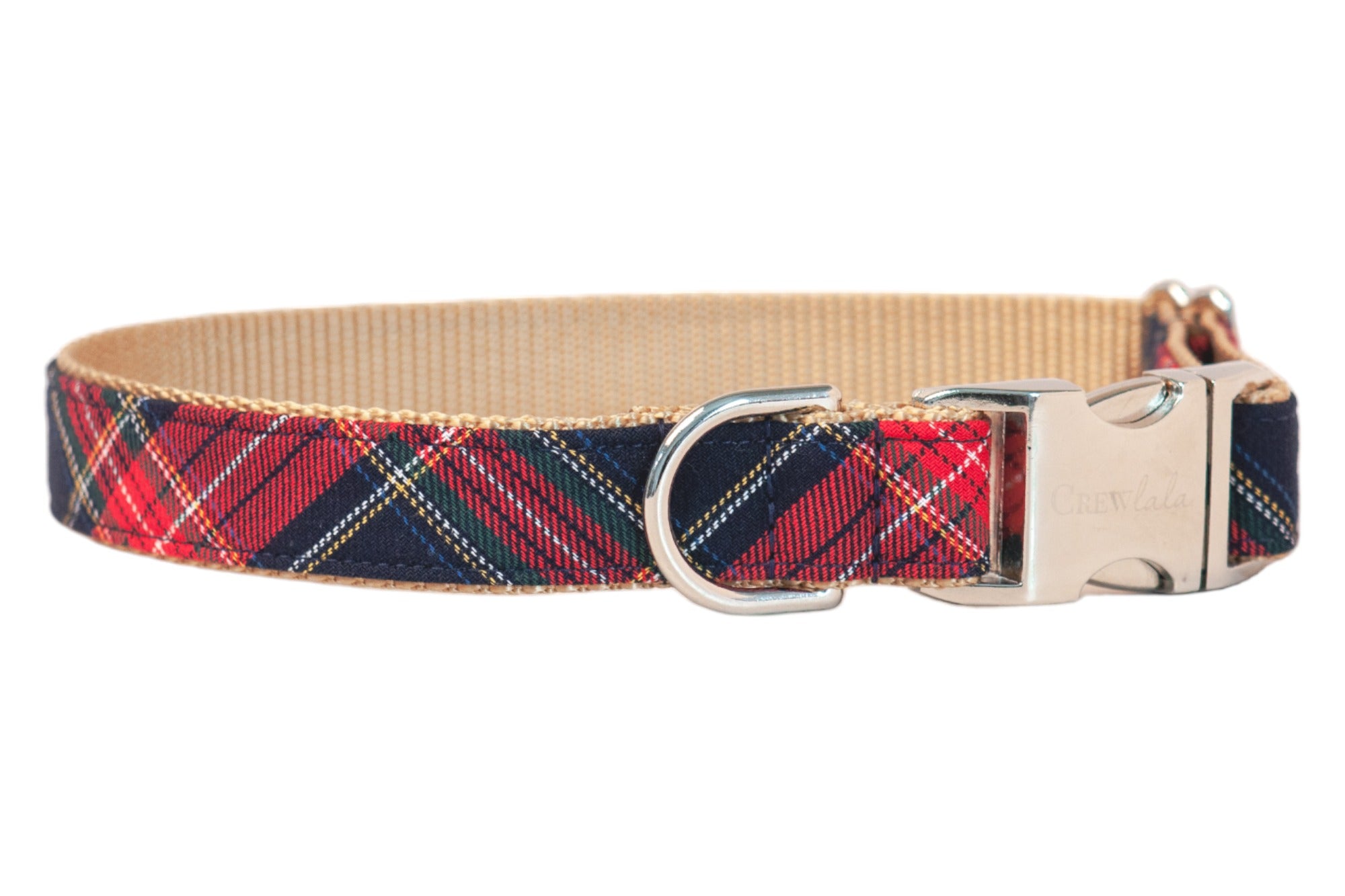 Classic plaid dog collar with a red tartan pattern on top of nylon webbing. It includes a shiny buckle clasp engraved with “CrewLala” and a matching D-ring.