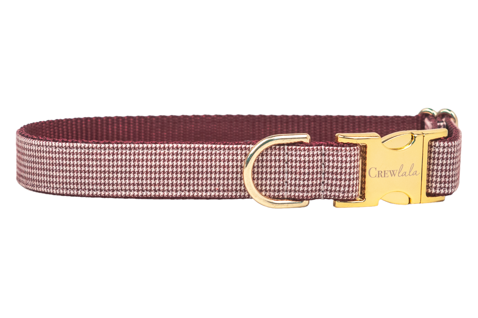 Elegant burgundy houndstooth dog collar with woven detailing, metal buckle closure engraved with “Crewlala,” and coordinating D-ring for leash attachment.