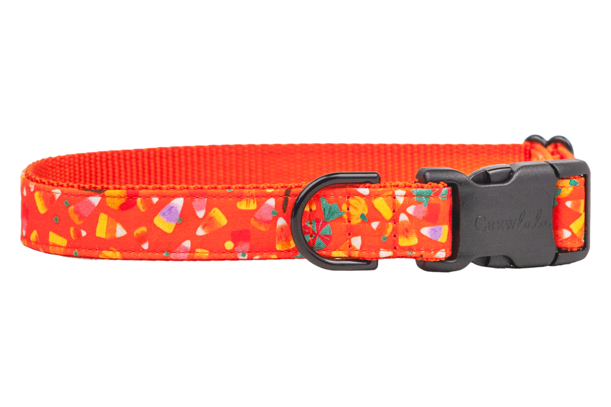 A bright orange adjustable dog collar with a festive Halloween design featuring a repeating pattern of candy corn, small pumpkins, and round candy shapes. Made from durable woven fabric with reinforced stitching, the collar includes a sturdy plastic side-release buckle and a matching D-ring.