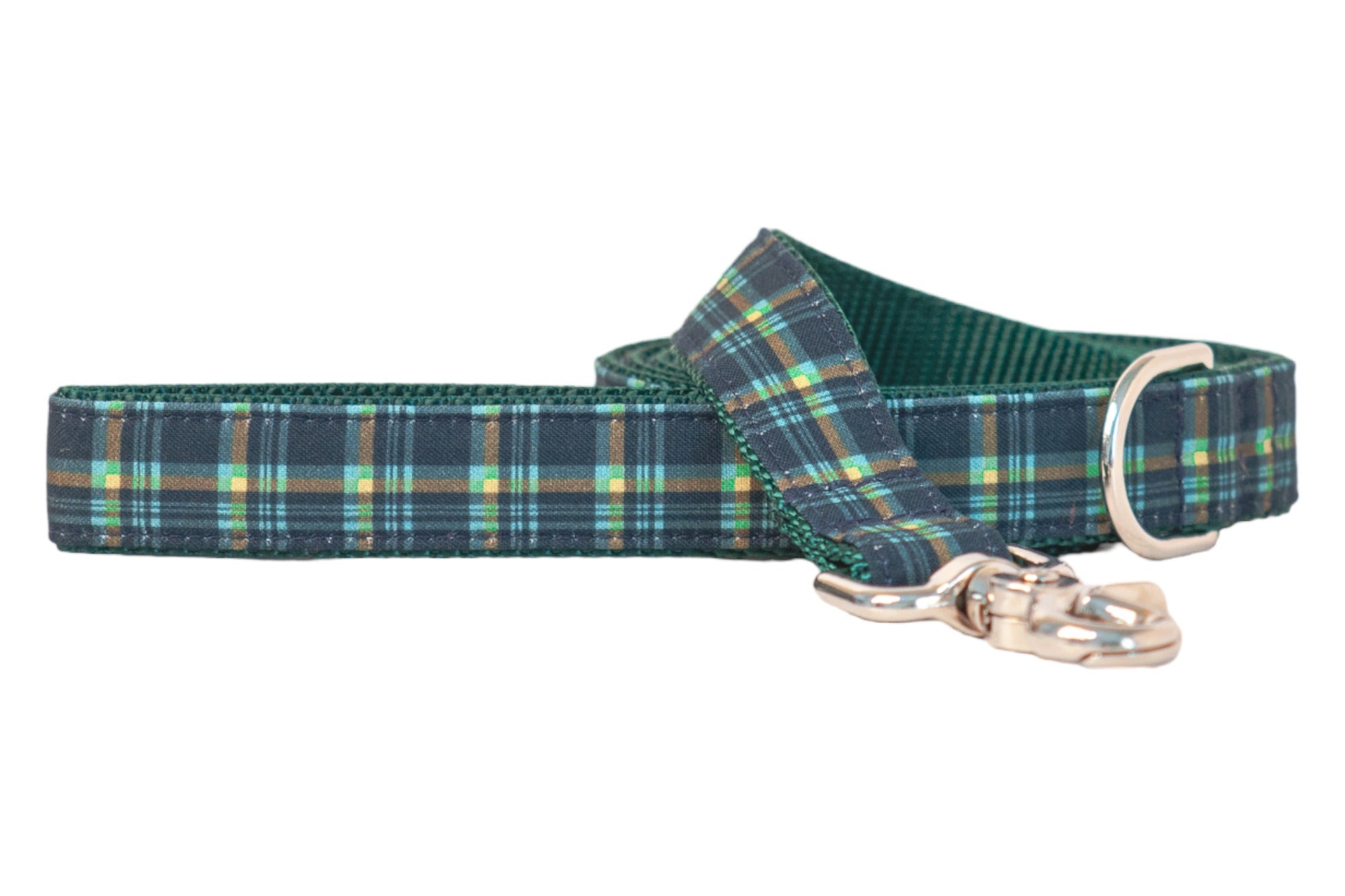 Stylish plaid dog leash in blue tones with subtle highlights, finished with a durable metal clip for secure attachment.