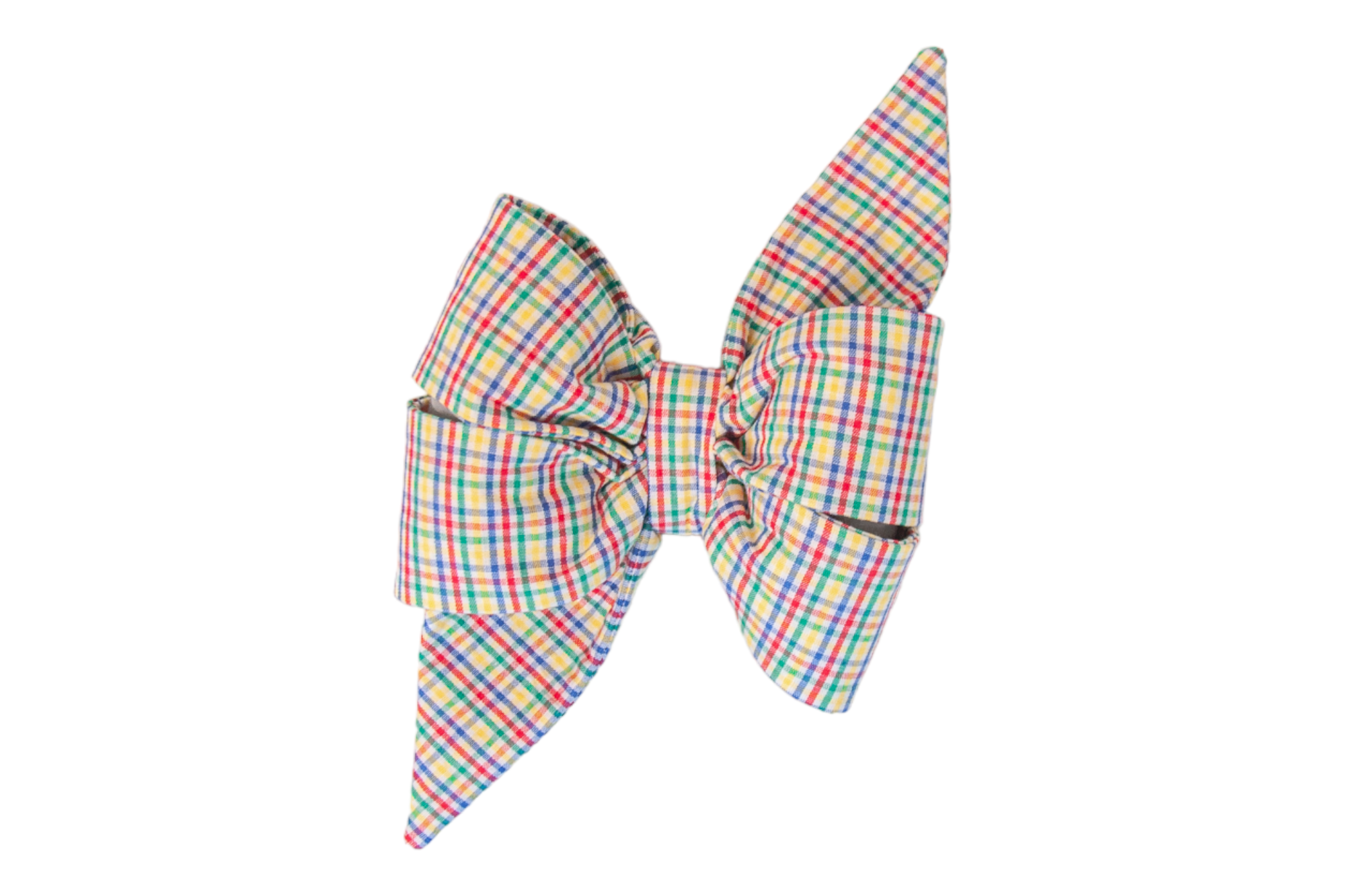 Standalone feminine dog belle bow accessory made from colorful plaid fabric. The belle bow has two large, puffed loops and sharply angled tails, all centered with a tightly gathered knot, giving it a bold and dimensional silhouette.