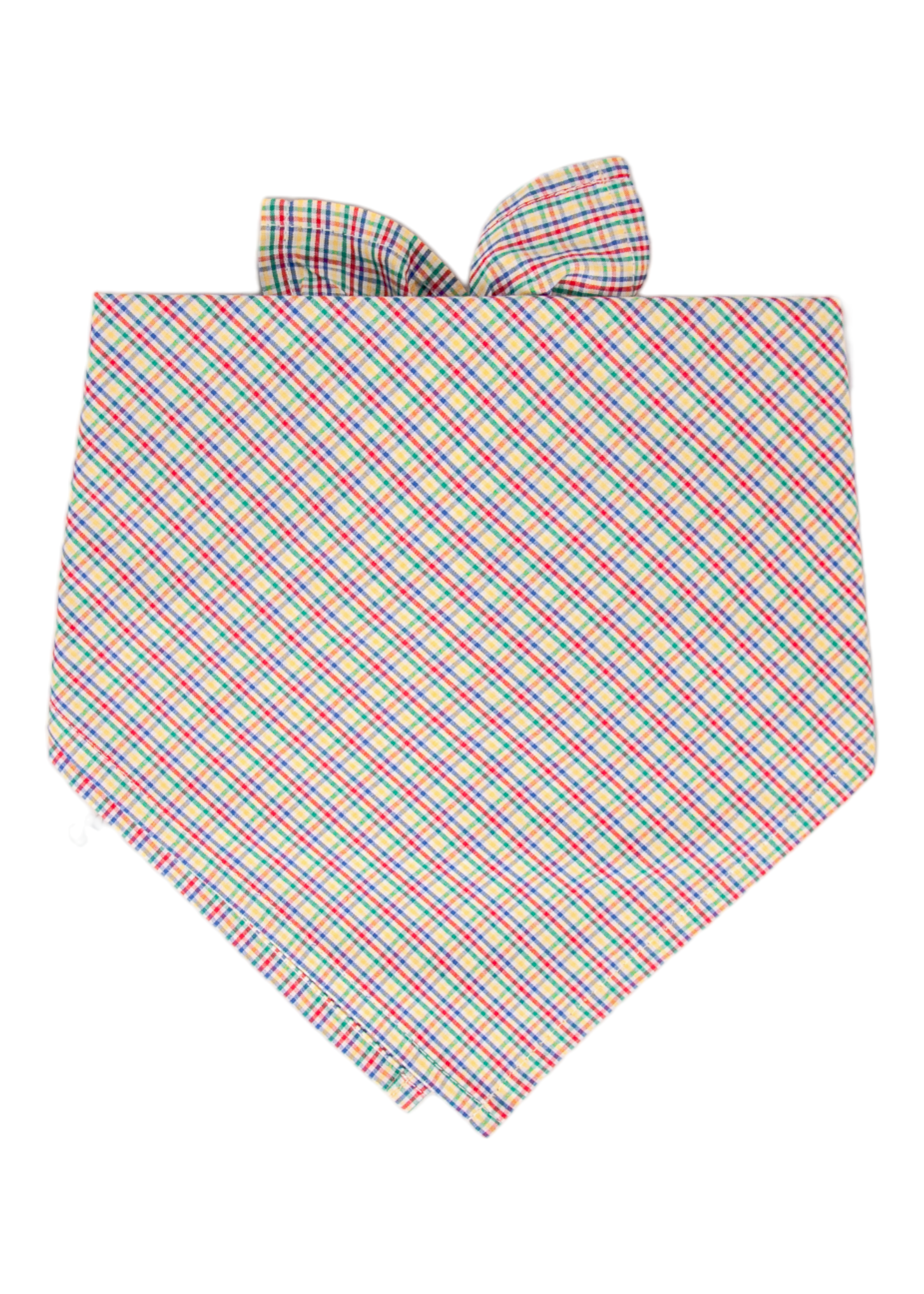 Close-up of a dog bandana with a colorful fall plaid pattern, folded into a triangle with the tip pointing down. A partial view of the tied ends is visible at the top, giving the fabric a secure and polished look.