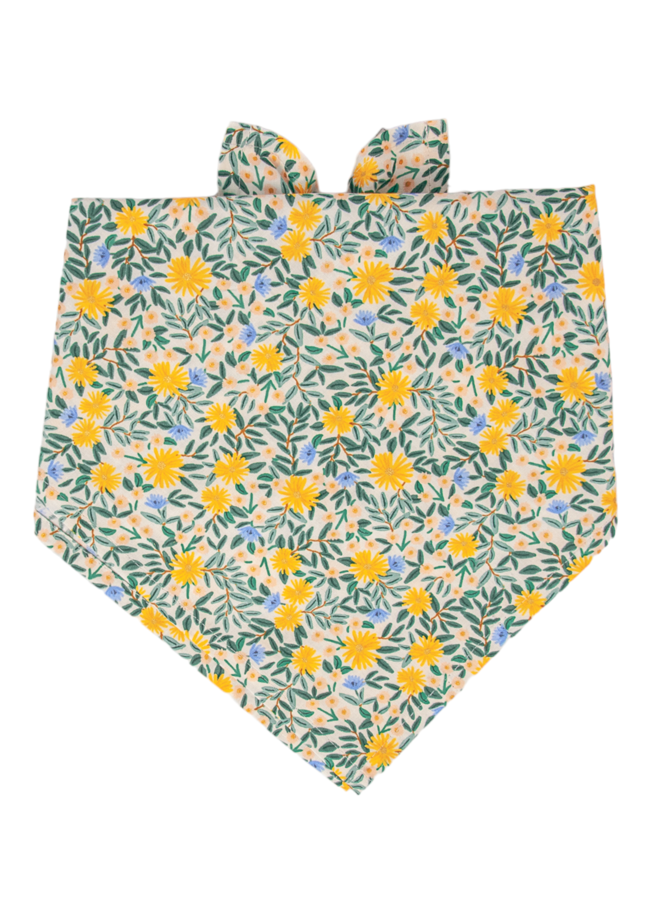 Floral dog bandana in a soft light tone, covered with clusters of yellow daisies and scattered flowers among foliage, shaped for tying around a pet’s neck.