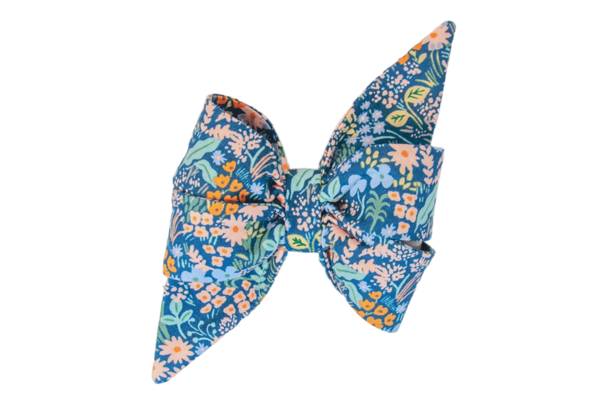 A garden party in bow form—this playful belle bow is covered in colorful florals on a navy base, with crisp structure and pointed ends that add drama and charm to any outfit.