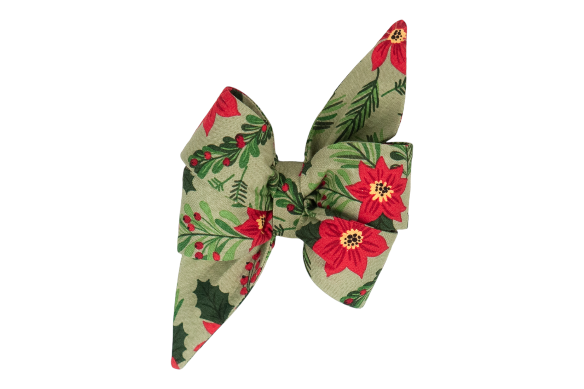 Elegant Christmas belle bow accessory designed with large loops and two pointed trailing ends. The soft green fabric is decorated with festive botanical elements, including poinsettias, holly leaves, pine branches, and berries, making it a cheerful statement piece for your dog's holiday attire!