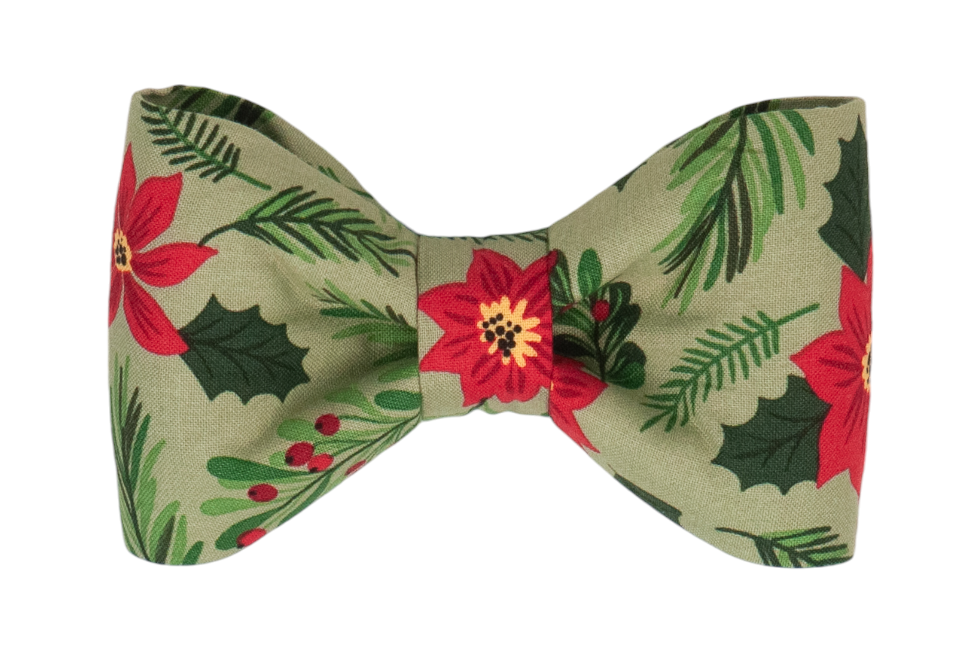 Holiday-themed bow tie for dogs, featuring a soft green fabric with vibrant poinsettia flowers, dark green holly leaves, pine needles, and clusters of berries. The bow tie is structured with a gathered center and full side loops, giving it a classic and cheerful seasonal look.
