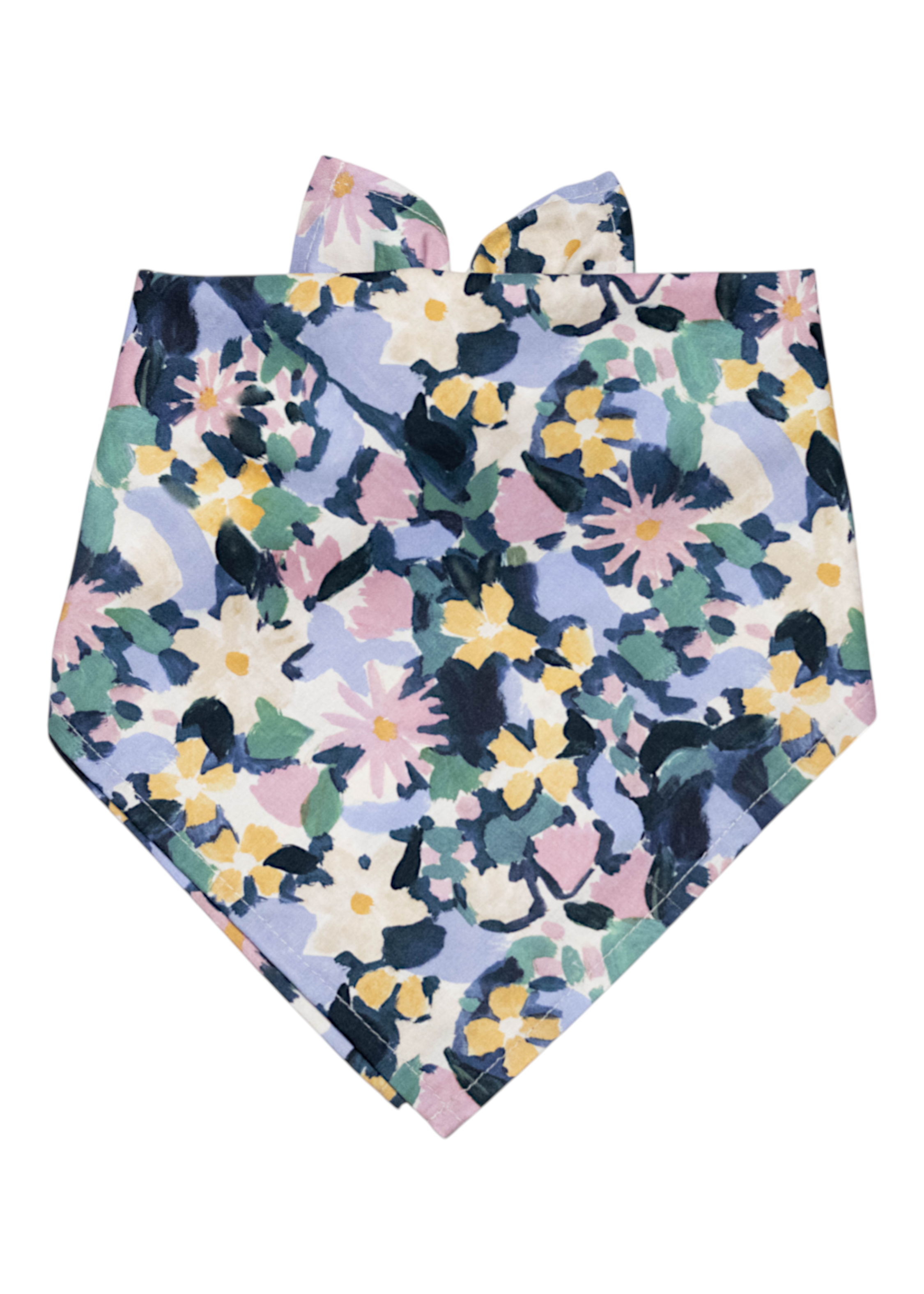 A dog bandana with a painterly watercolor floral design. The bandana ties at the neck and complements other matching accessories in the Petal Pop Collection.