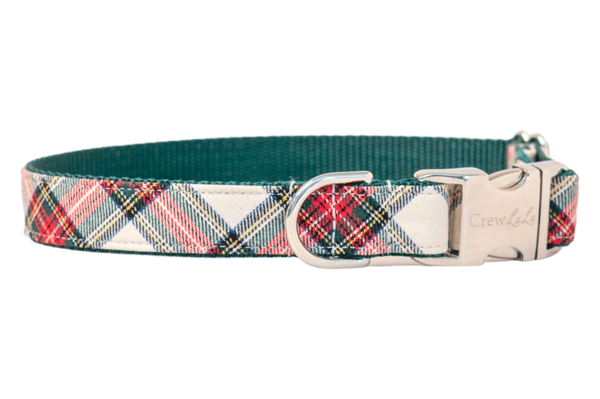 Classic style meets modern shine—this red and plaid dog collar features a cozy tartan fabric, vibrant woven nylon backing, and a gleaming buckle engraved with the brand name for that extra pop of polish.