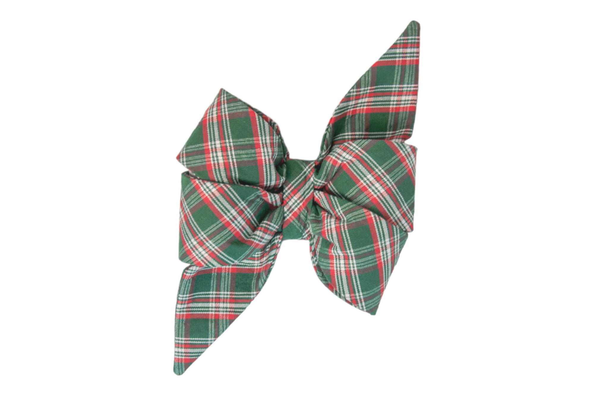 A festive oversized belle bow made from green plaid fabric, featuring pointed tails and neatly layered loops. Designed to attach onto a dog collar for a cheerful holiday look.