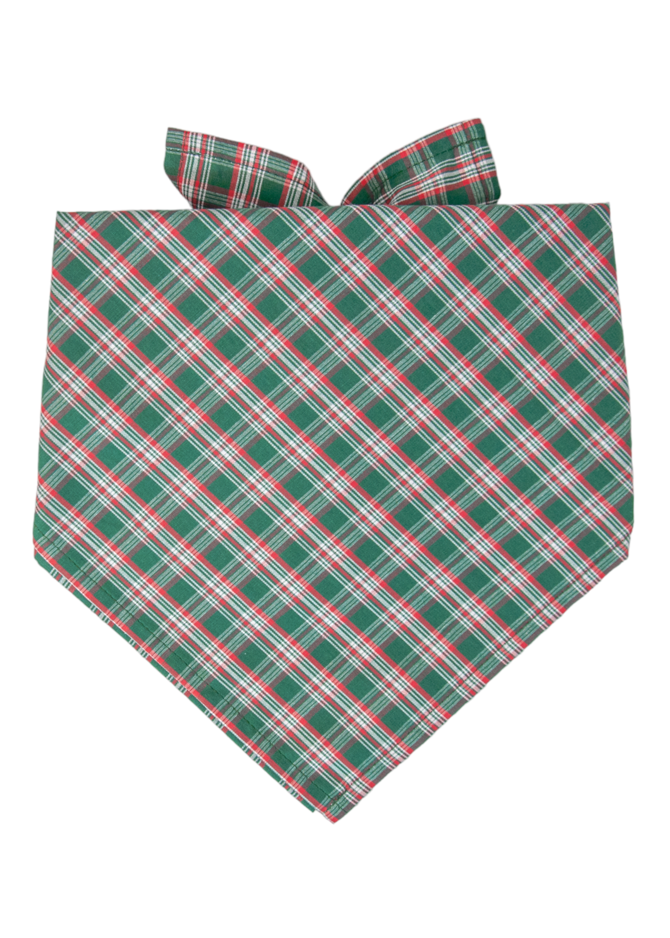 This Christmas-inspired dog bandana features a bold green plaid pattern accented with contrasting lines. With its pointed hem and fold-over tie, it’s a cozy, stylish pick for holiday photos or winter walks.