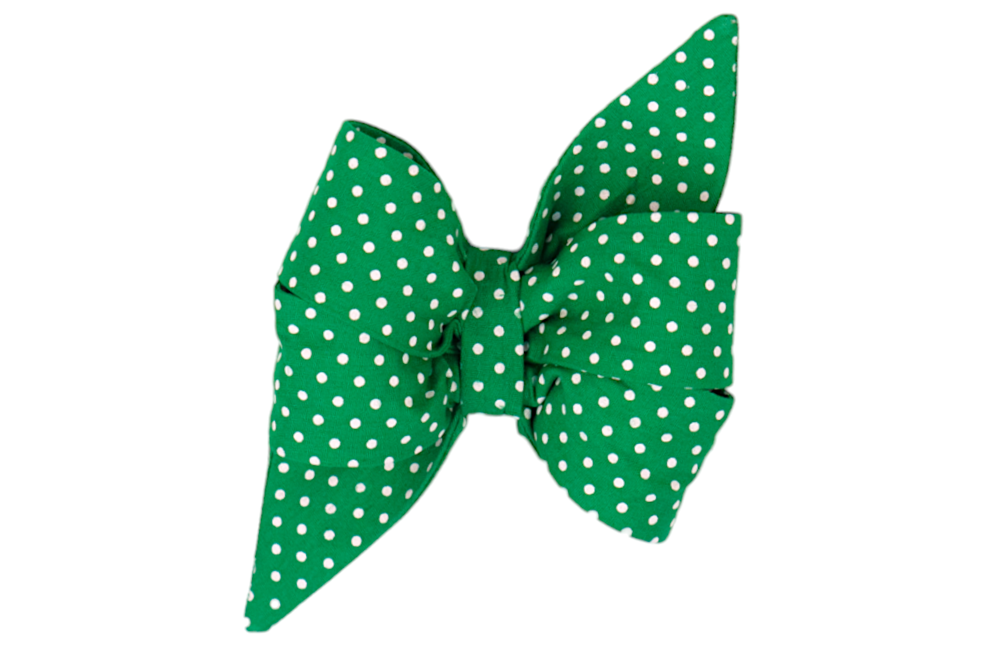 A bold feminine dog belle bow in bright green fabric with evenly spaced white polka dots. The oversized shape includes flared ends and a cinched center, giving it a cheerful, standout appearance for festive or fashionable wear.