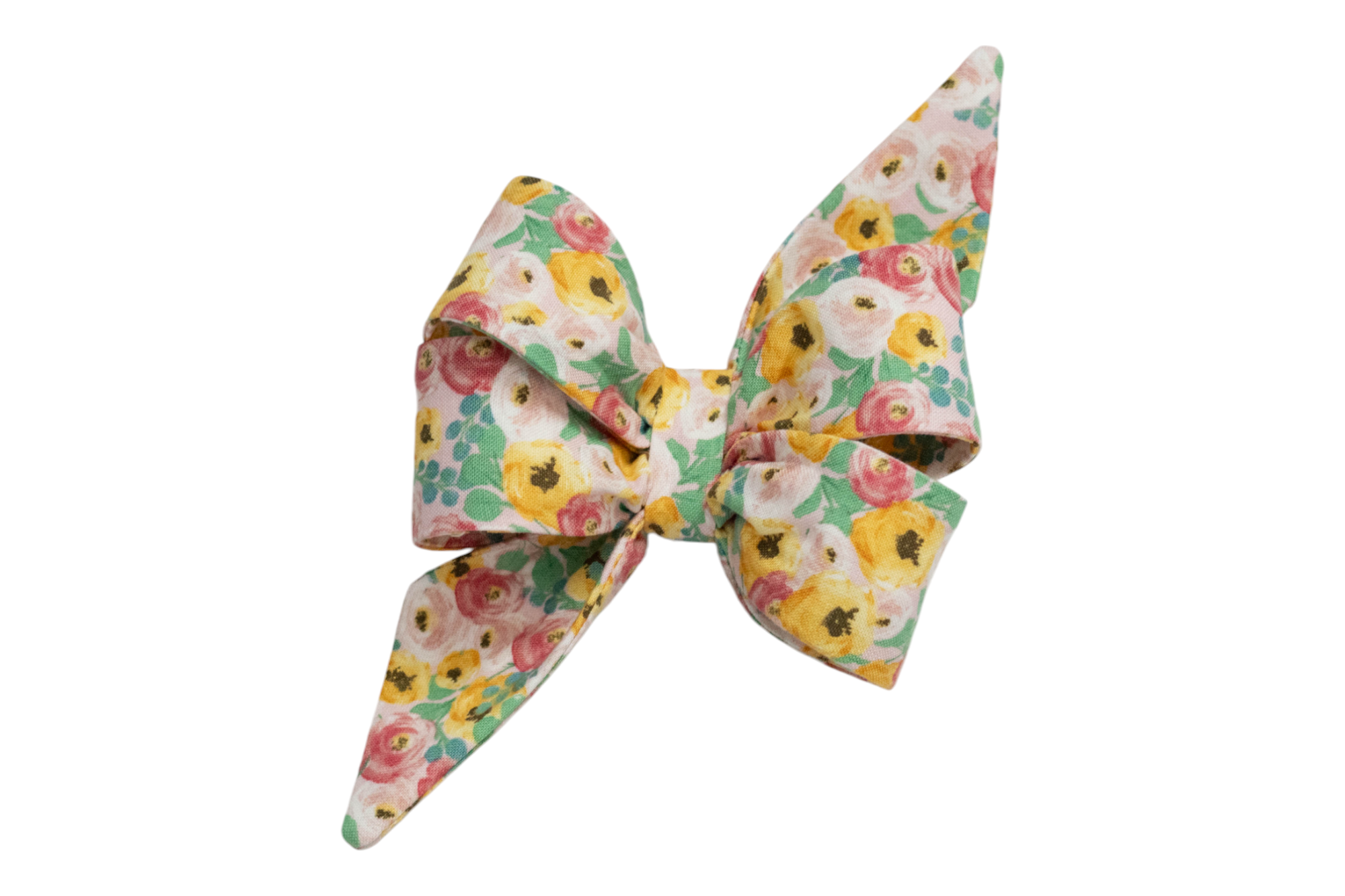 Floral dog belle bow with a dramatic silhouette, featuring long pointed loops and full folds. The fabric showcases a colorful mix of pastel flowers, giving the belle bow a soft, feminine aesthetic.
