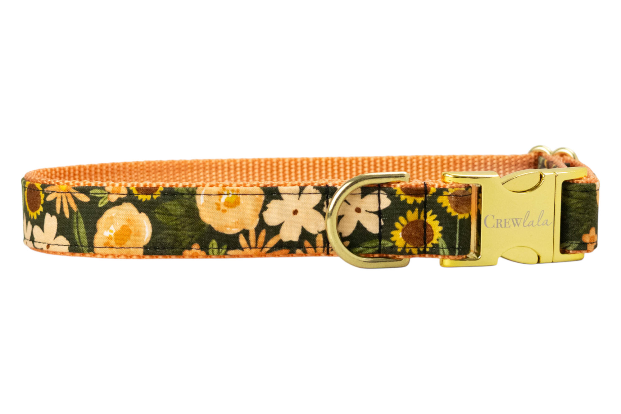 Floral-patterned pet collar in earthy tones with a metal buckle engraved with "Crewlala” and matching D-ring.