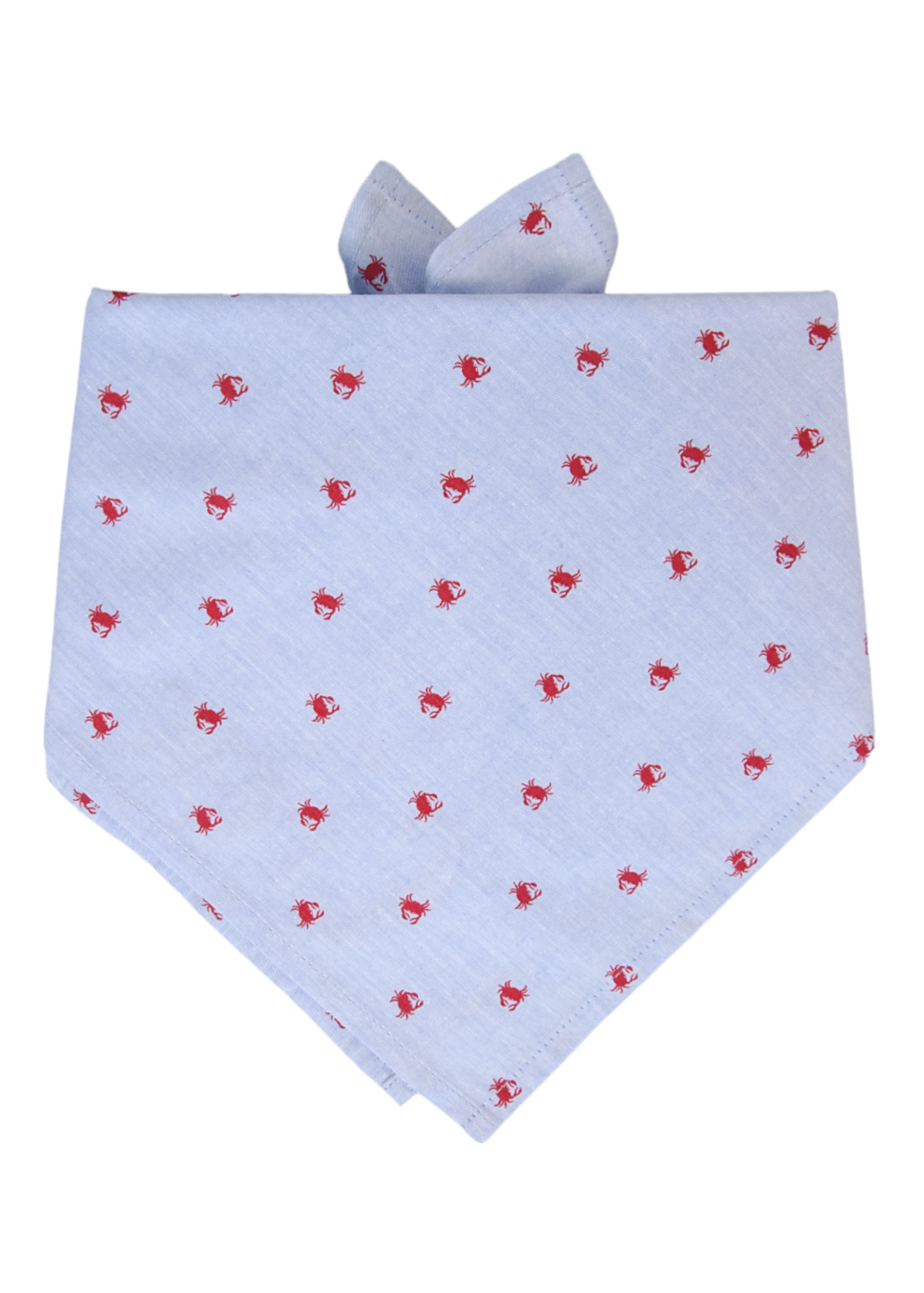 Nautical-themed dog bandana in pale blue, adorned with tiny red crabs throughout. The bandana is neatly folded into a triangle with stitched edges for a clean finish.