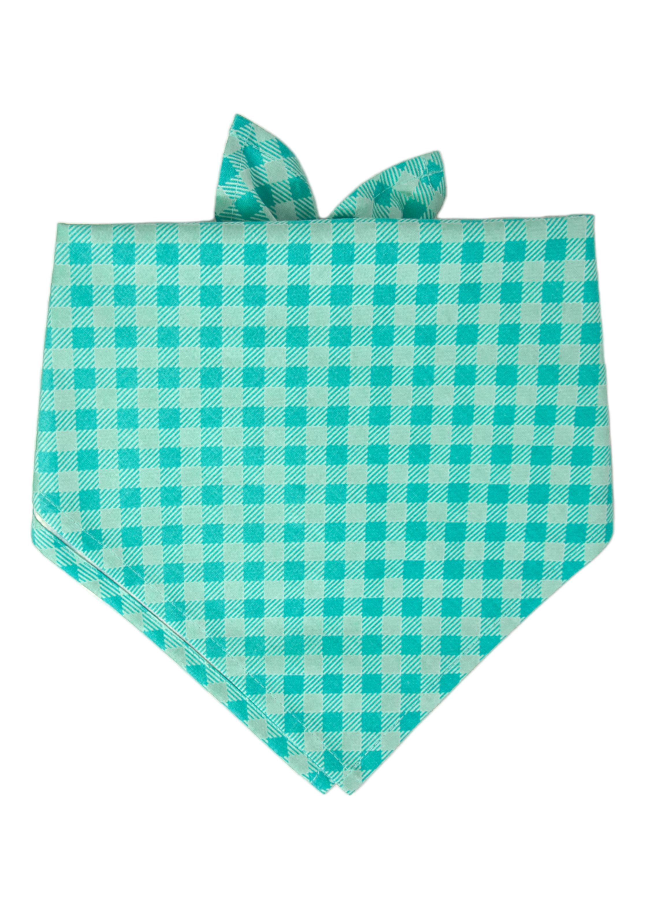 A dog bandana featuring a bright green plaid design. The repeating check pattern alternates between soft and vibrant shades of green for a cheerful, preppy look.