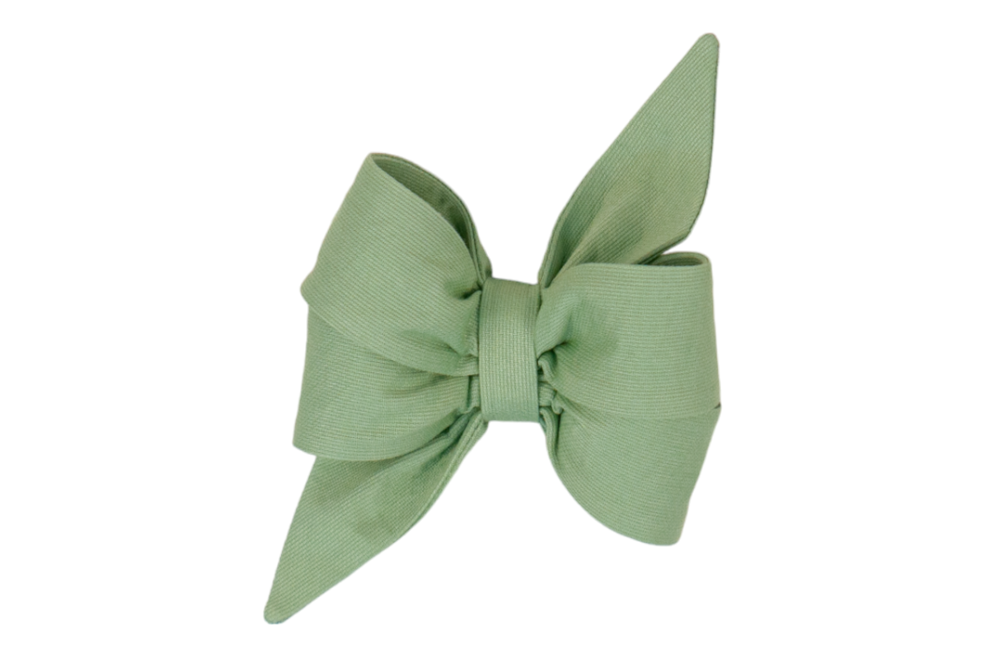 Soft green dog belle bow oversized bow, made from ribbed fabric with a subtle texture. The belle bow features structured loops and two long, pointed tails, perfect for your favorite gal.