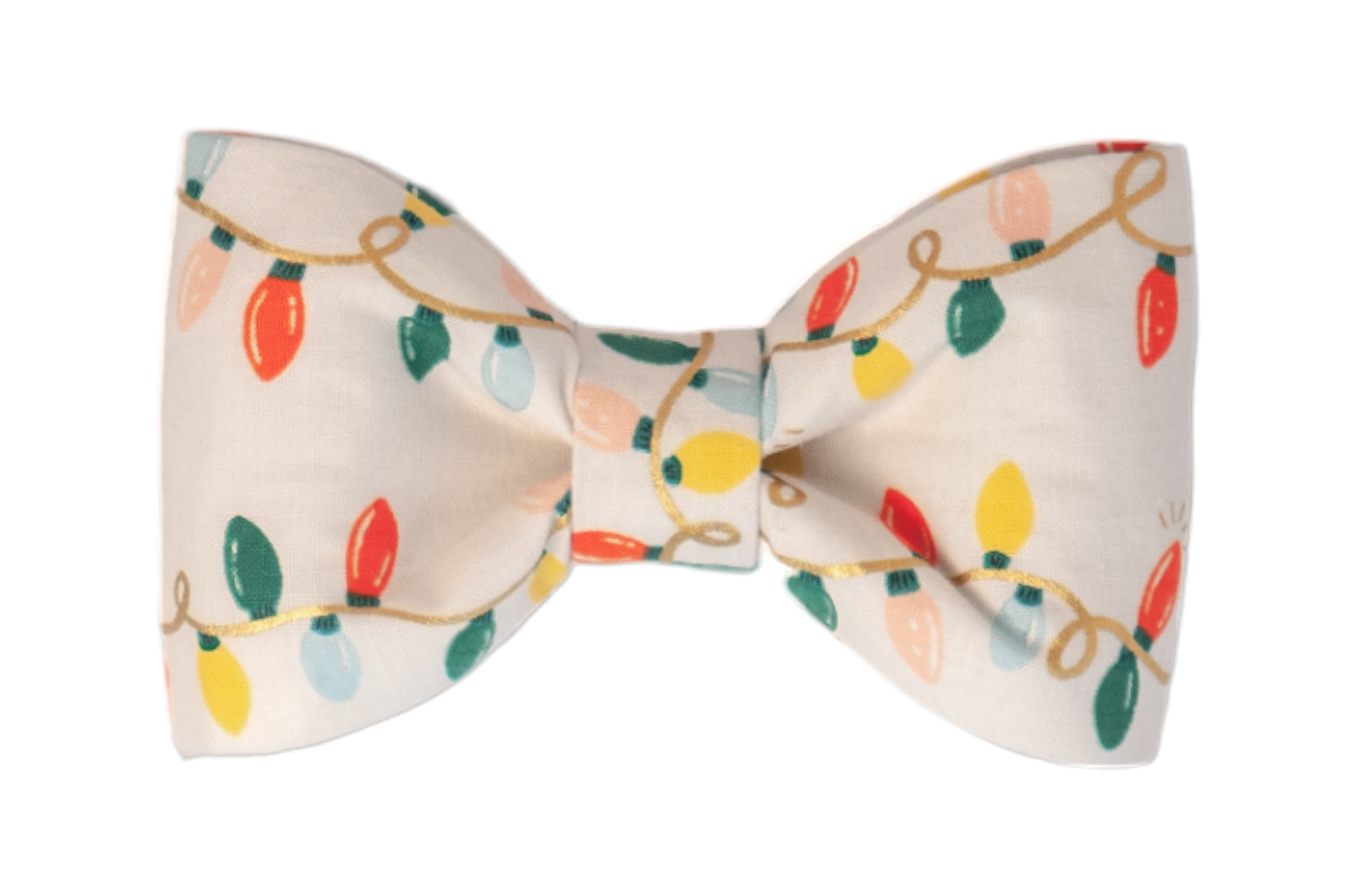 Classic-style bow tie featuring a cream background printed with rows of vintage-inspired Christmas lights. The bulbs come in red, green, yellow, blue, and soft peach, connected by swirling cords across the fabric.
