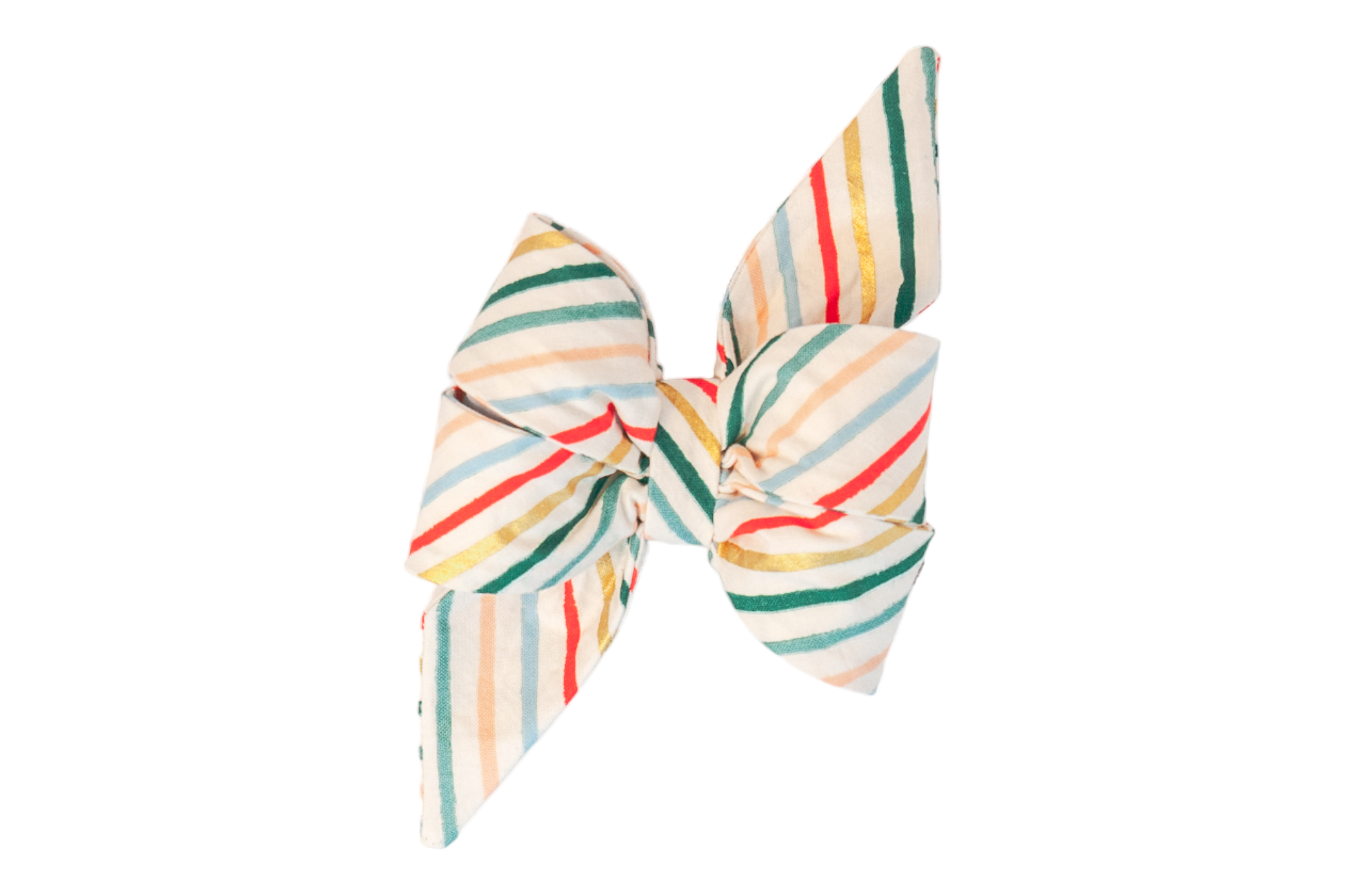 A festive dog belle bow with oversized pointed ends, designed in cream fabric with diagonal candy cane–inspired stripes. The stripes alternate in green, red, gold, blush, and blue, giving it a cheerful holiday look.