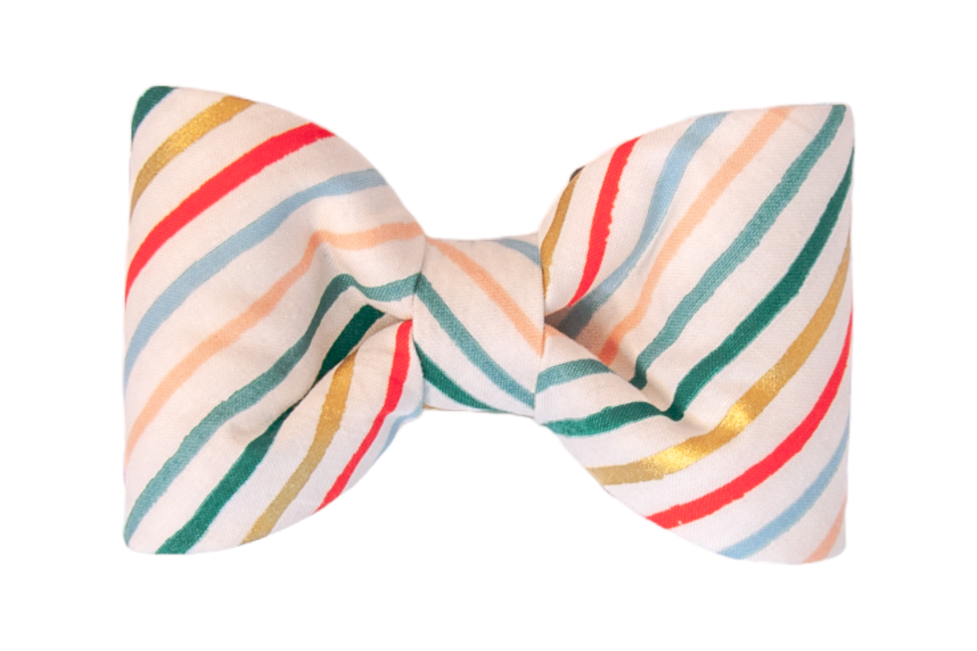 A festive bow tie for dogs, styled in a classic shape with diagonal stripes in red, green, metallic gold, blush pink, and soft blue on a cream background. Bright and playful, perfect for holiday celebrations.