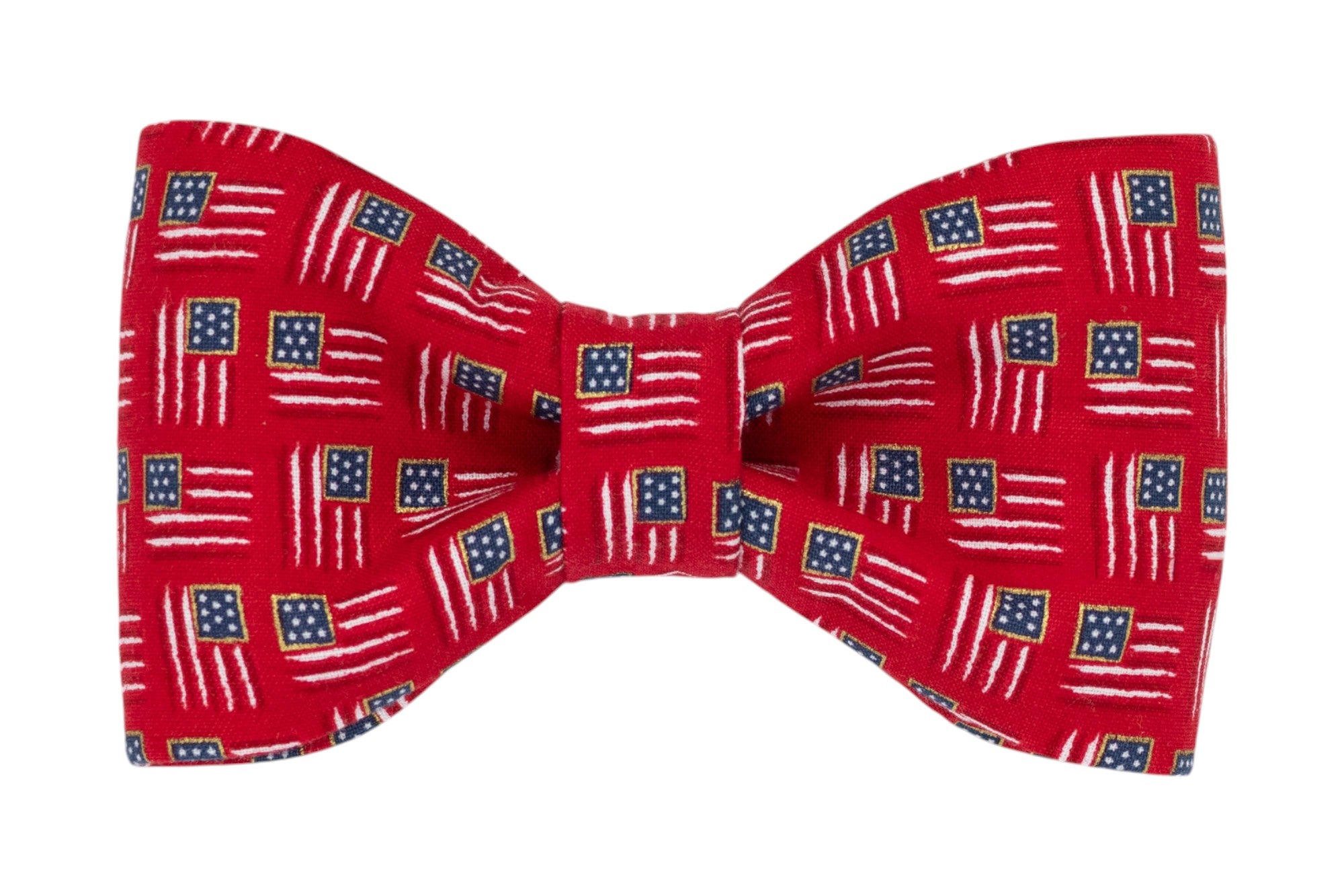 Patriotic dog bow tie featuring a vibrant red background with scattered American flag motifs—perfect for July 4th celebrations.