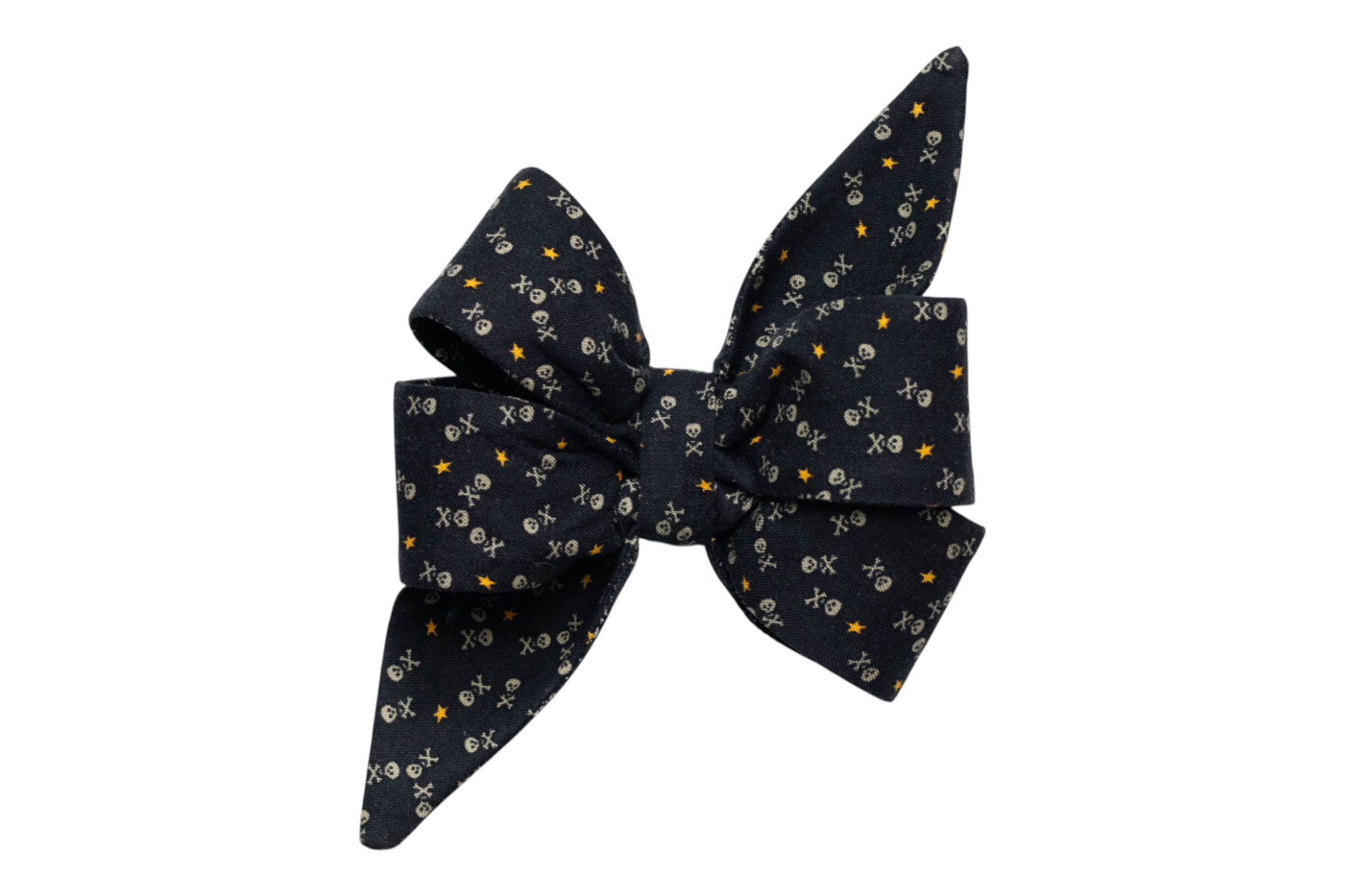 Stylish black belle bow adorned with tiny skull motifs and scattered stars, crafted with layered loops and elongated pointed ends, cinched tightly in the middle for structure.