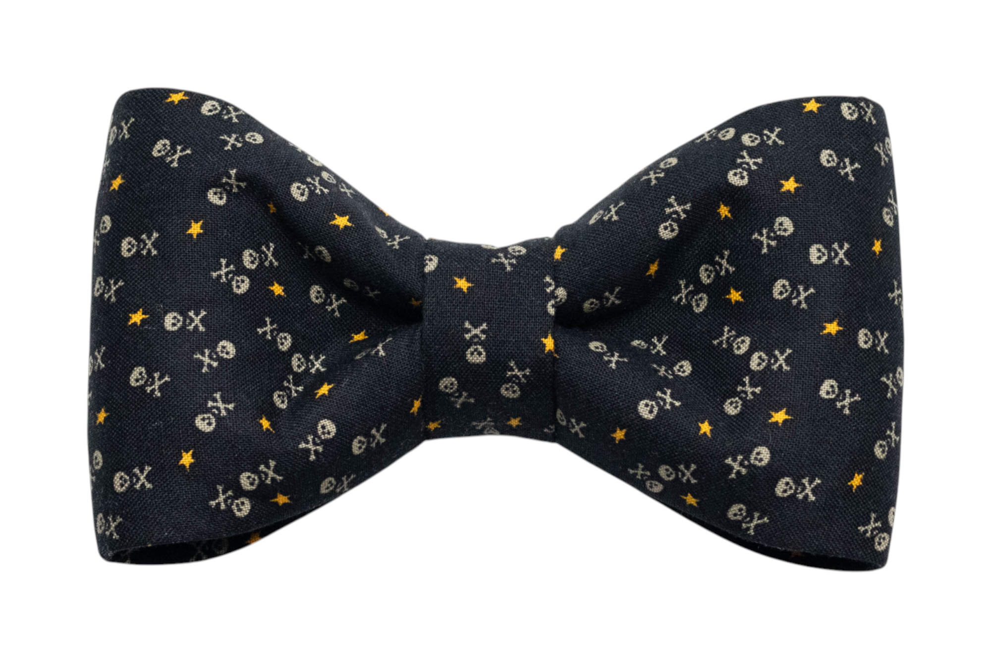 Stylish black dog bow tie printed with tiny skull-and-crossbones and stars, designed with evenly balanced loops and a tight center band for a polished appearance.