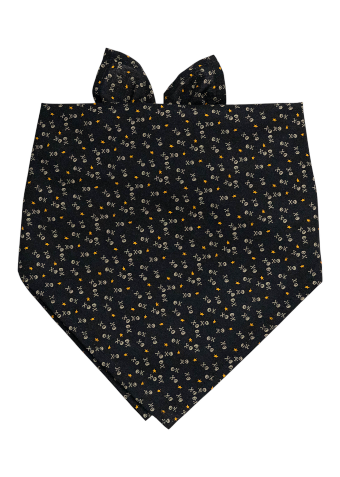 Pirate-themed black fabric bandana for dogs, decorated with miniature skulls, crossbones, and stars, folded in a pointed triangle shape with tie ends at the top.