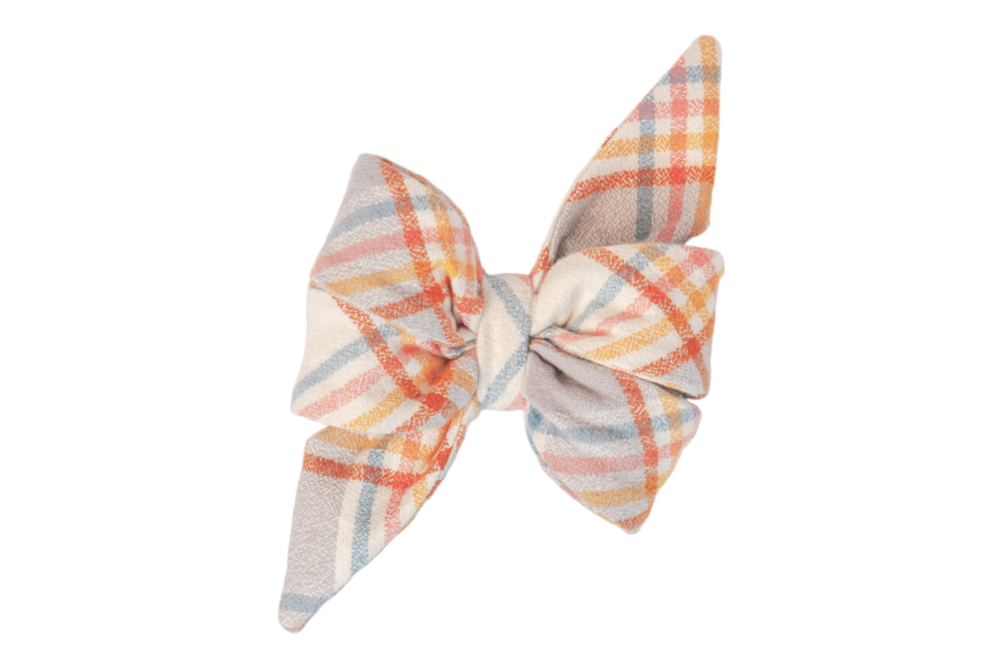 A large, flannel belle bow with a pastel plaid pattern. The feminine belle bow features layered loops and pointed tails, with intersecting stripes. The cinched center gives the belle bow a full, sculpted look.