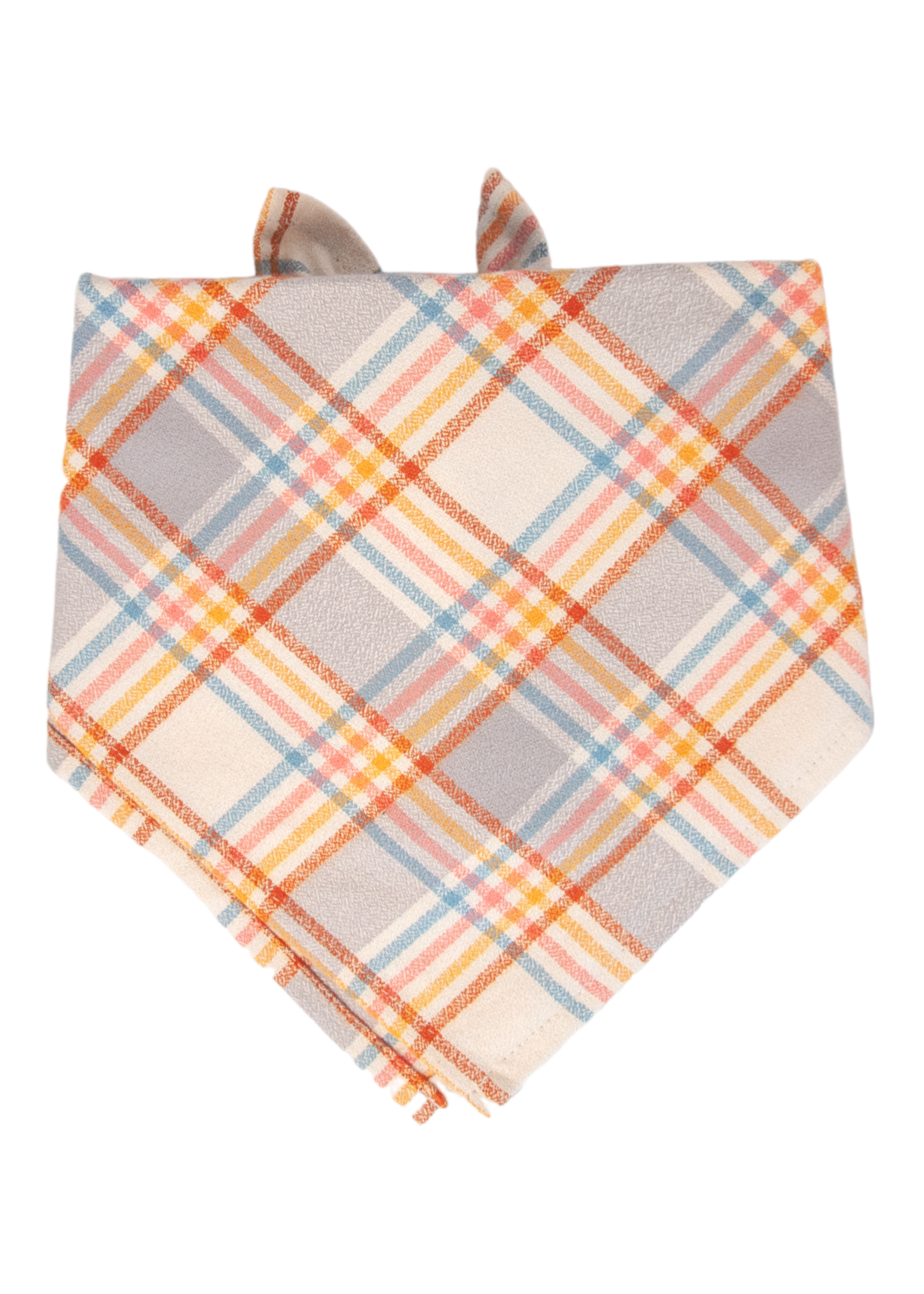 Dog bandana made of flannel fabric, showcasing a vibrant diagonal plaid pattern in muted tones. The bandana is tied at the back, and the pointed end hangs down for a stylish, comfortable fit.