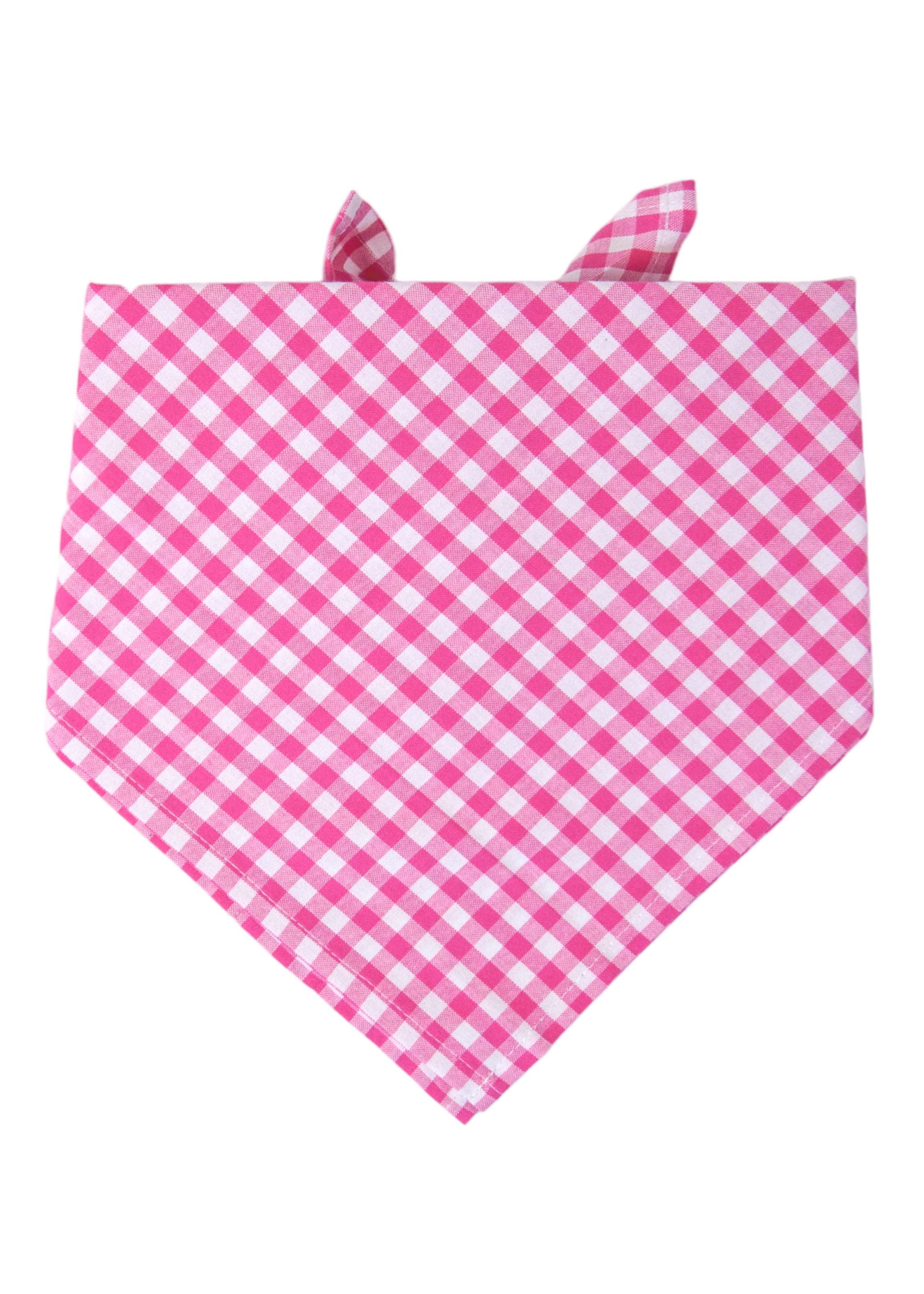 Bright fuchsia picnic plaid dog bandana with a checkered design, displayed in a flat lay showing a pointed bottom and tied fabric ends at the top.