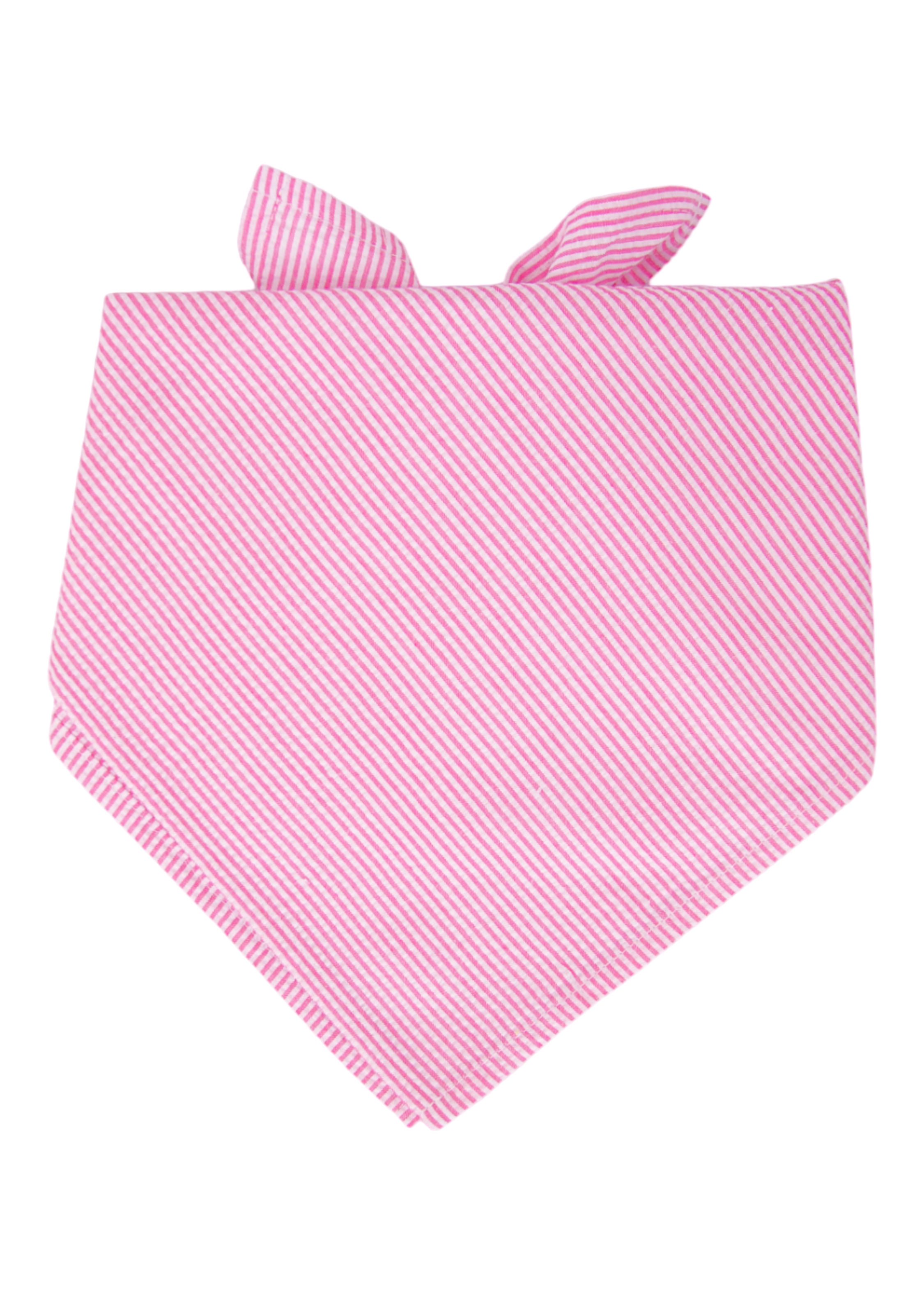 Cheerful seersucker dog bandana with diagonal white and fuchsia lines, tied at the top like a jaunty kerchief—perfect for pups ready to strut their sweet side.