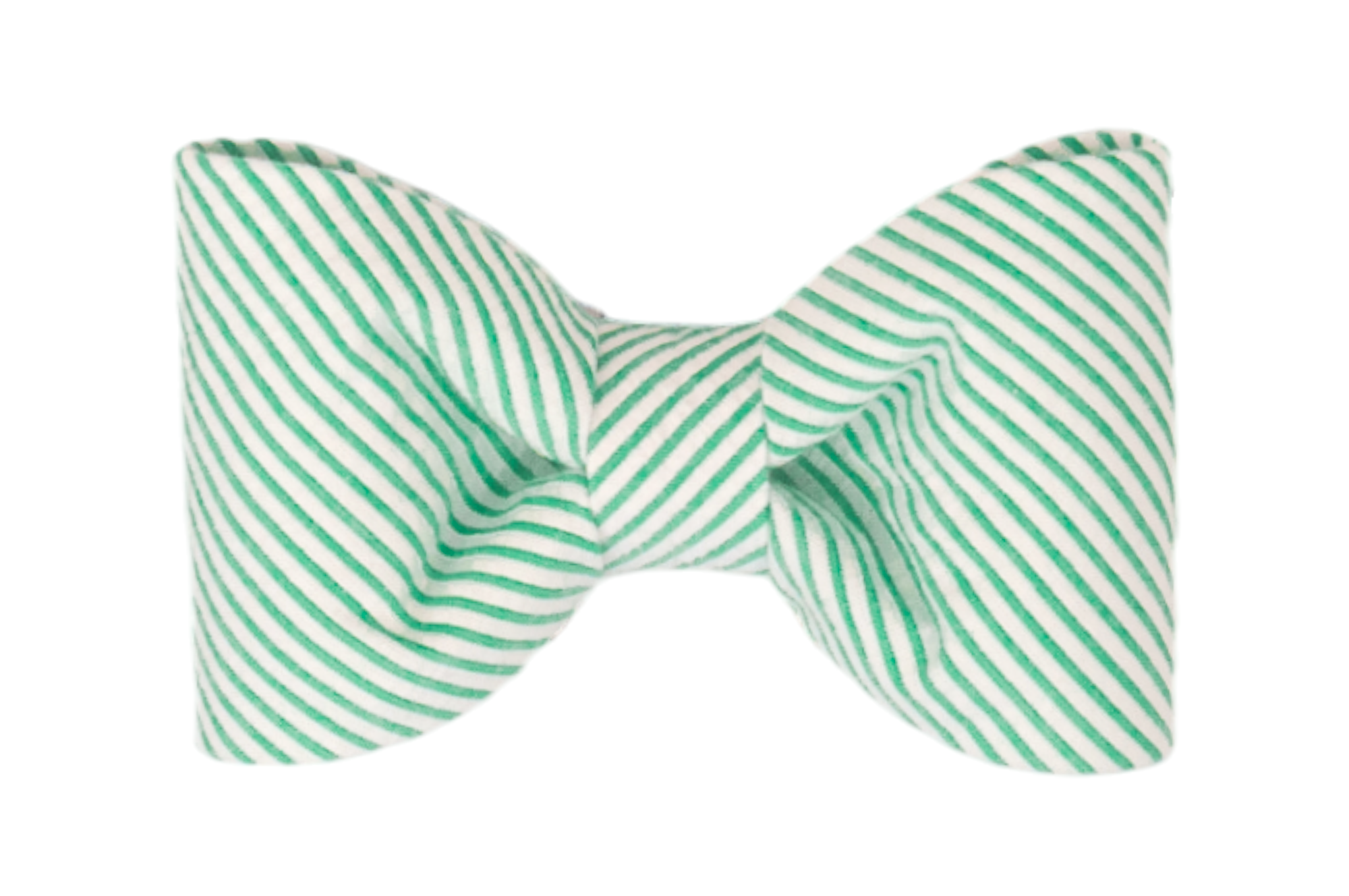 Classic dog bow tie made from green and white striped seersucker fabric with a soft, puckered texture. The bow has two symmetrical loops and a tightly gathered center, forming a simple and classic silhouette.