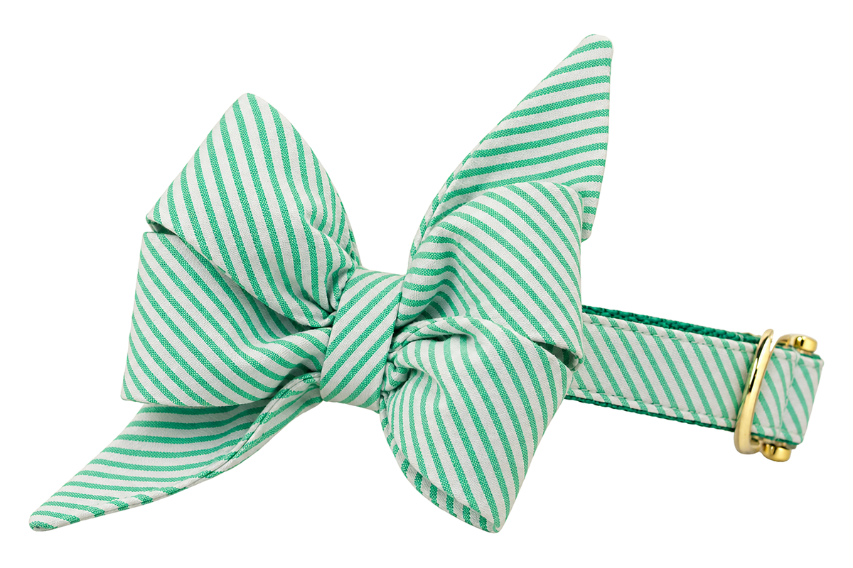 Dog collar featuring a large belle bow in Full Court Green Seersucker fabric, classic kelly green and white seersucker stripes, attached to a matching Full Court Green Seersucker collar with a nylon inner lining and gleaming gold hardware, including a D-ring and buckle.