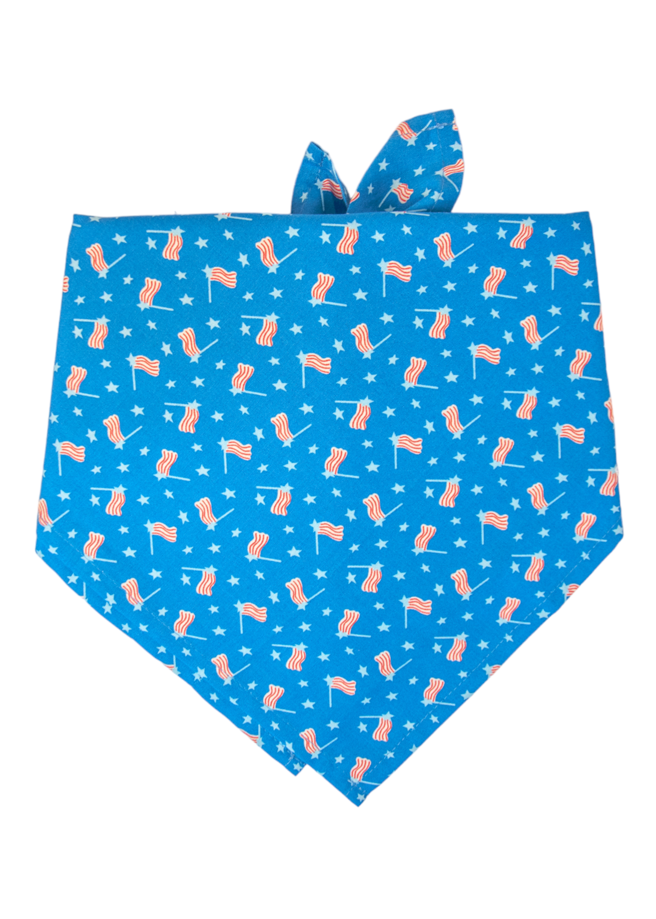 Patriotic dog bandana featuring a cheerful blue backdrop with tiny white stars and red-striped flags printed throughout. The triangular fold and simple tie-on style make it ideal for summer holidays or parades.